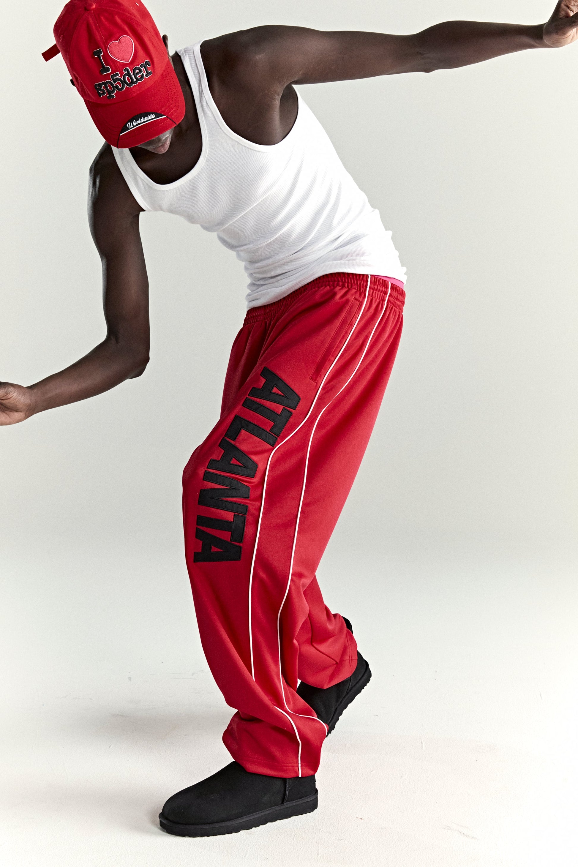 RED ATLANTA TRACK PANT ON MODEL