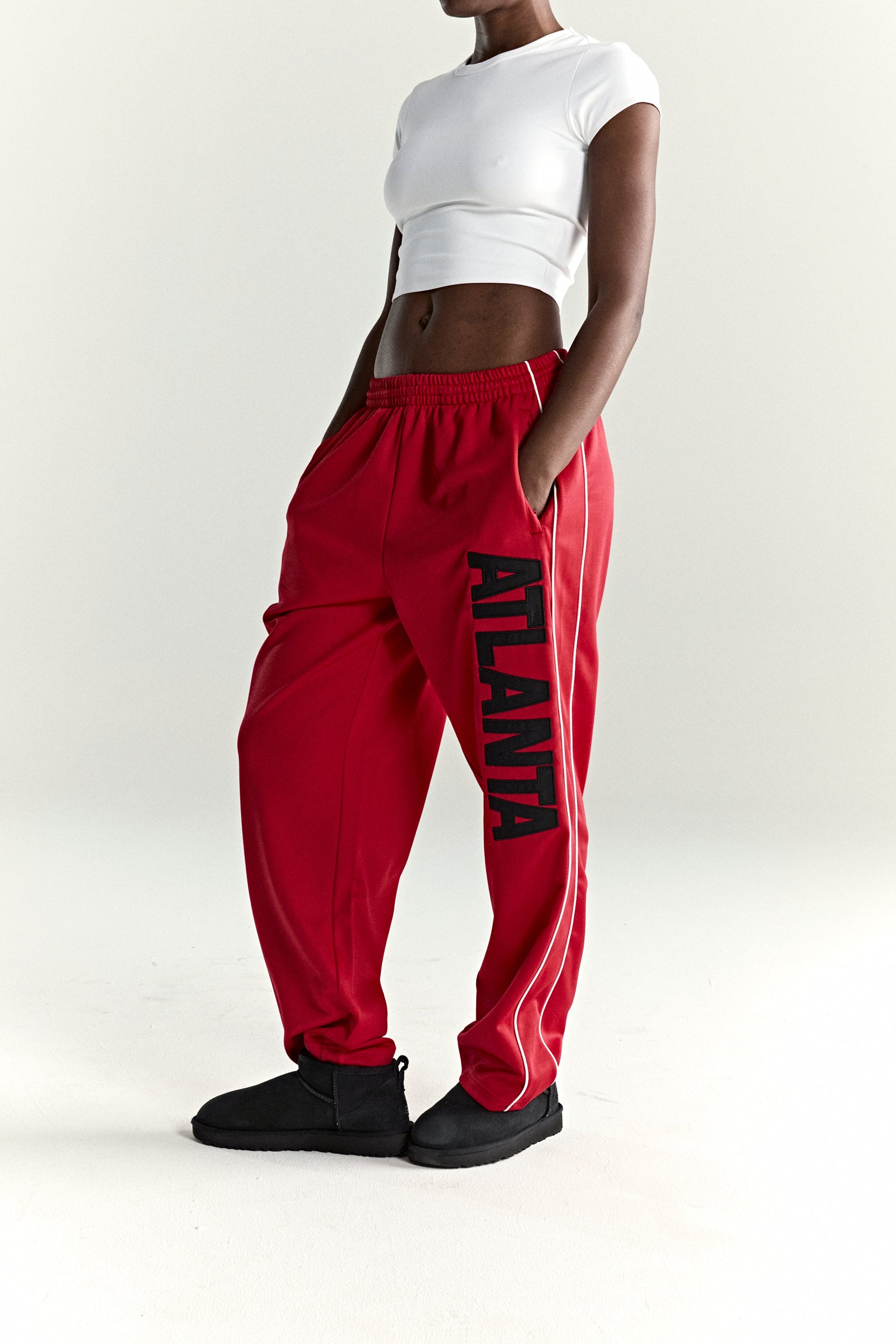 RED ATLANTA TRACK PANT ON MODEL