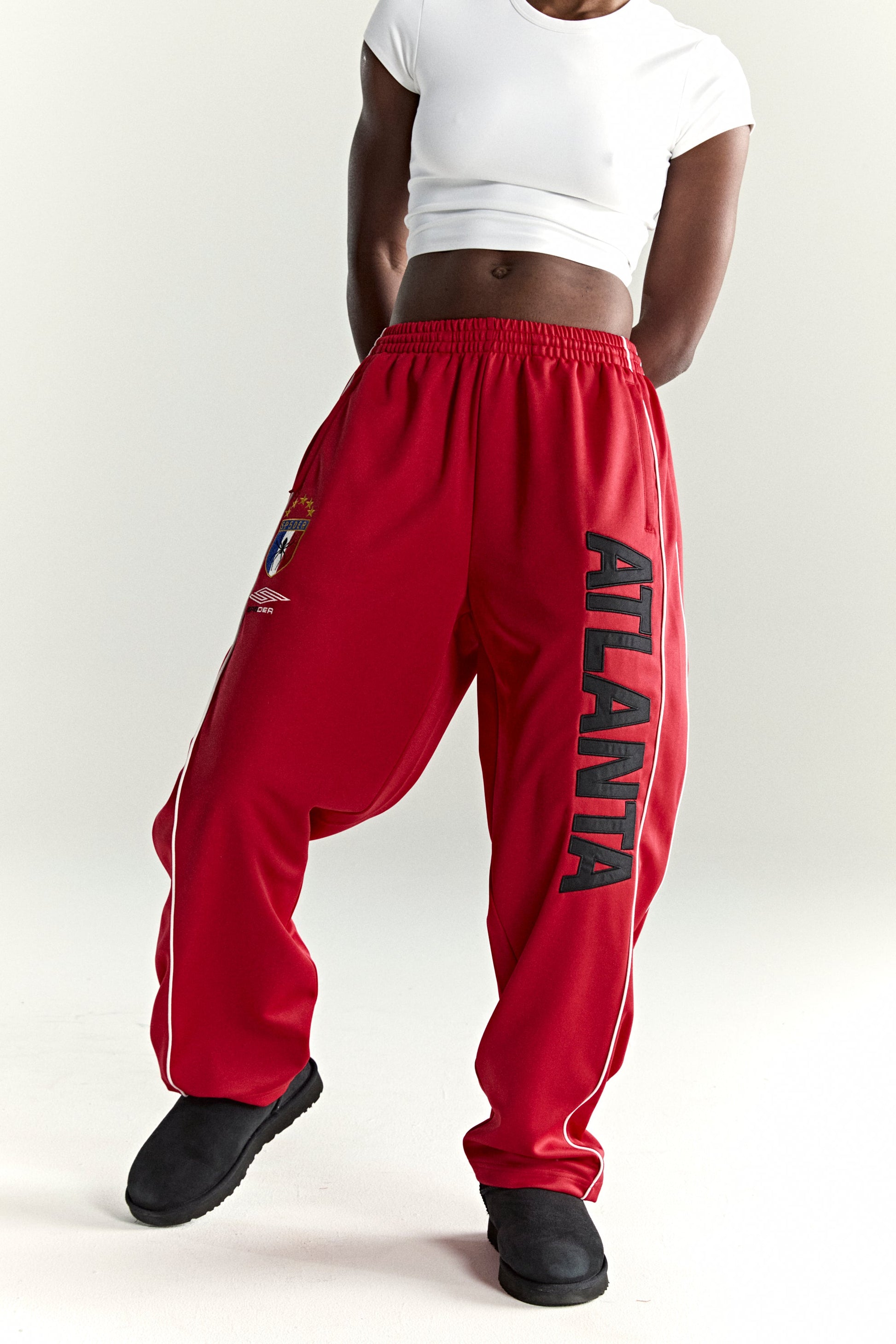 RED ATLANTA TRACK PANT ON MODEL