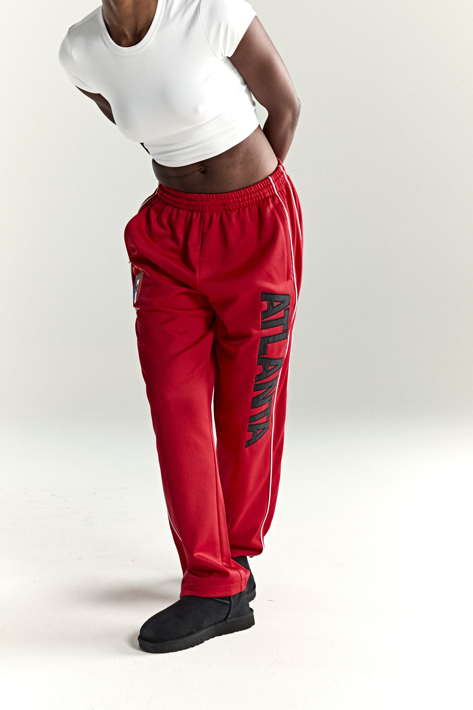 RED ATLANTA TRACK PANT ON MODEL