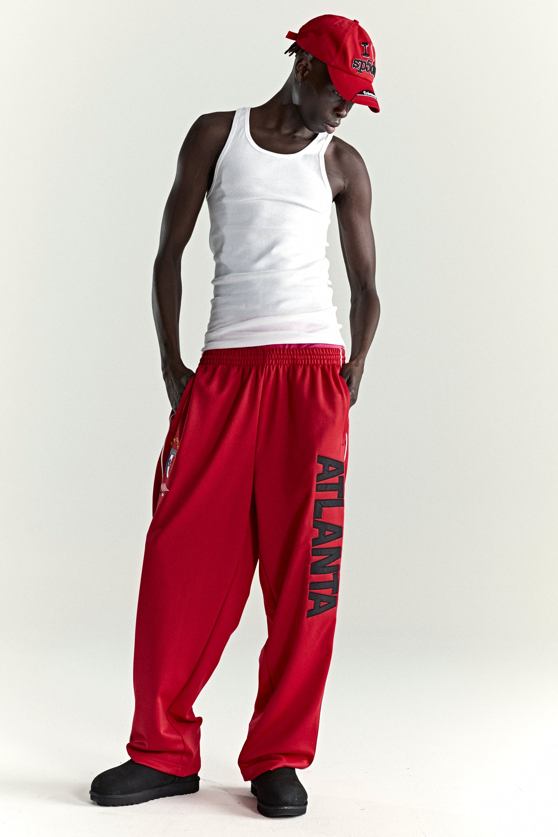 RED ATLANTA TRACK PANT ON MODEL