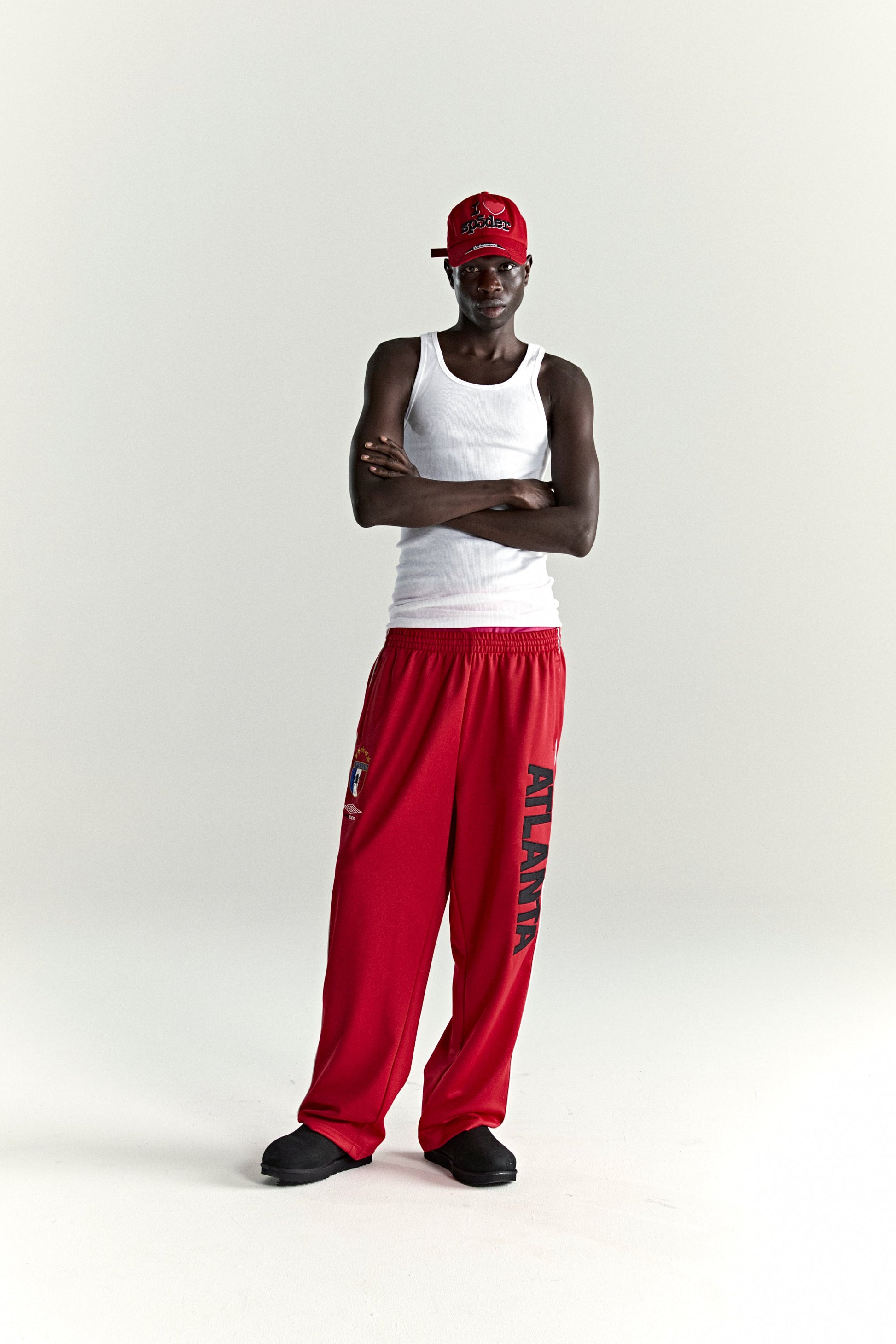 RED ATLANTA TRACK PANT ON MODEL