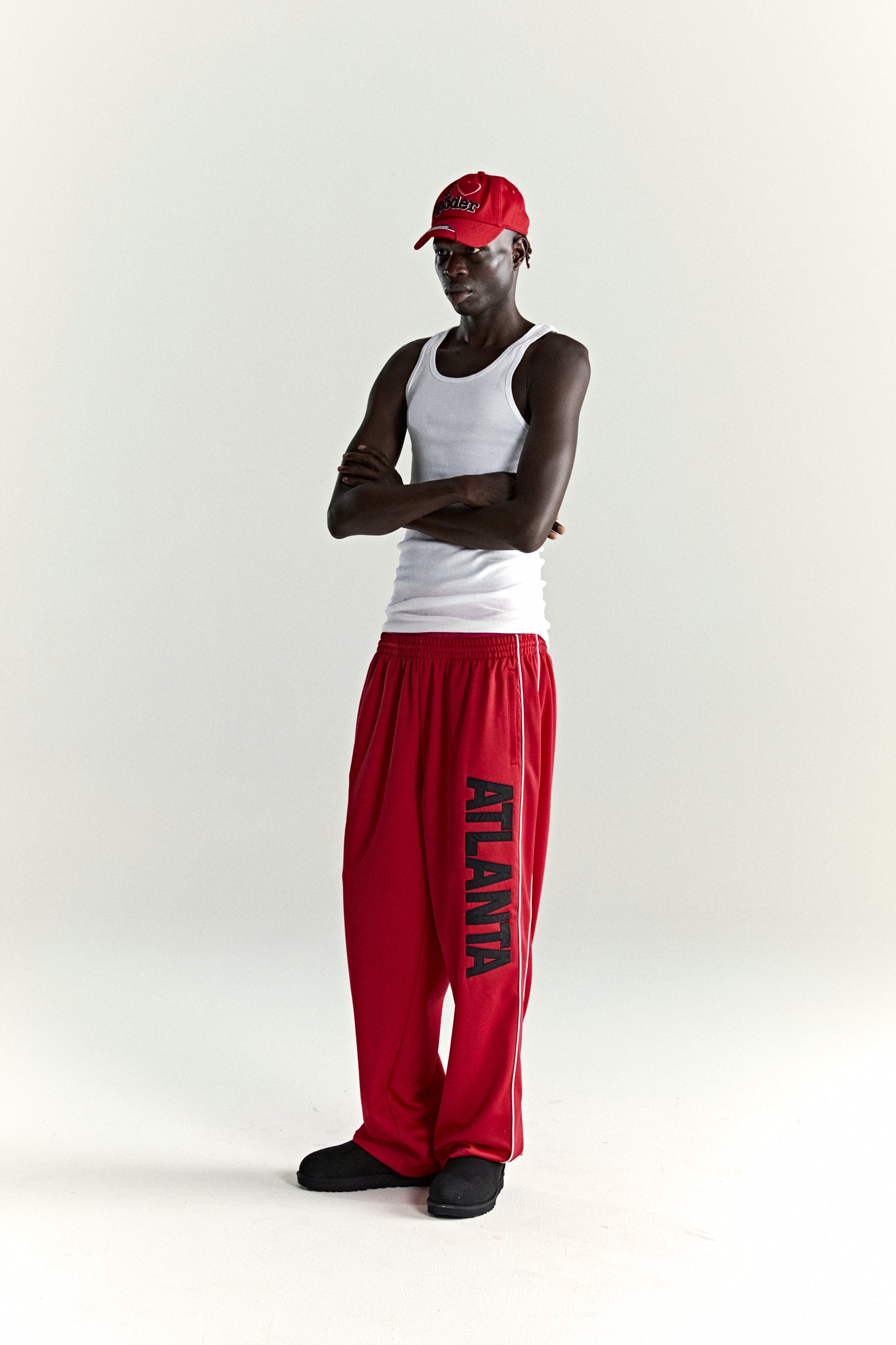 RED ATLANTA TRACK PANT ON MODEL
