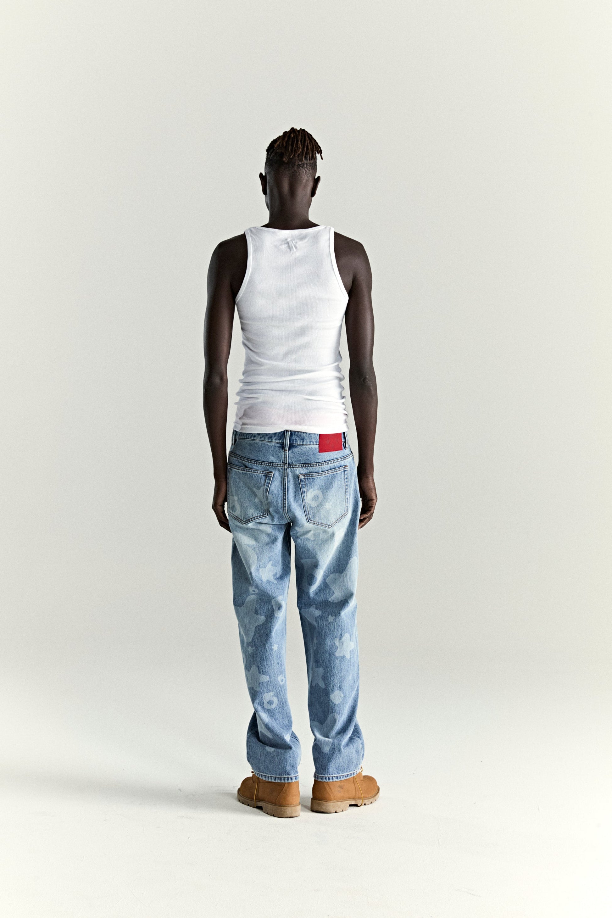 LIGHT BLUE WASH BELUGA DENIM ON MODEL