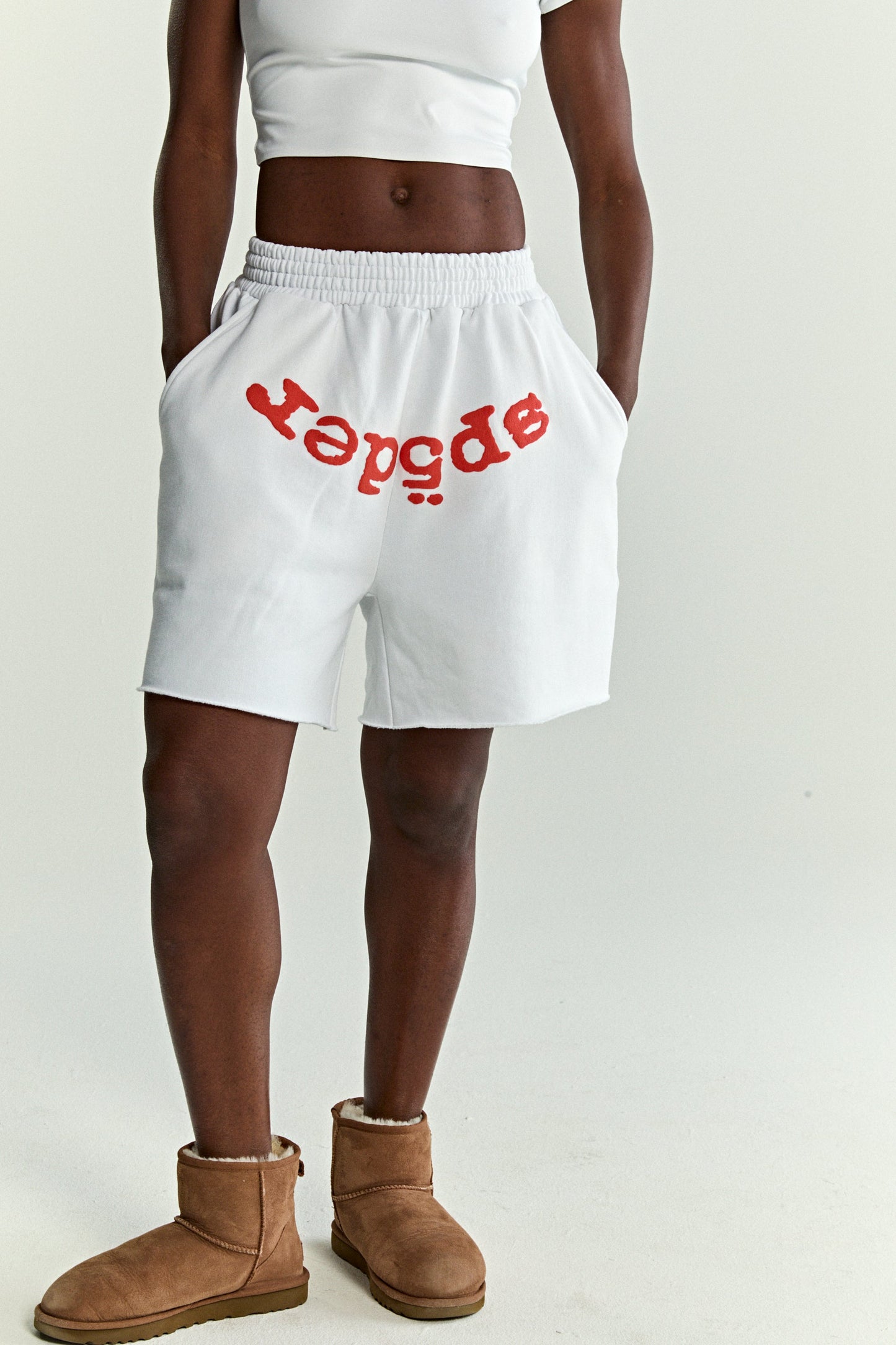 WHITE OG WEB V2 SWEATSHORT ON MODEL