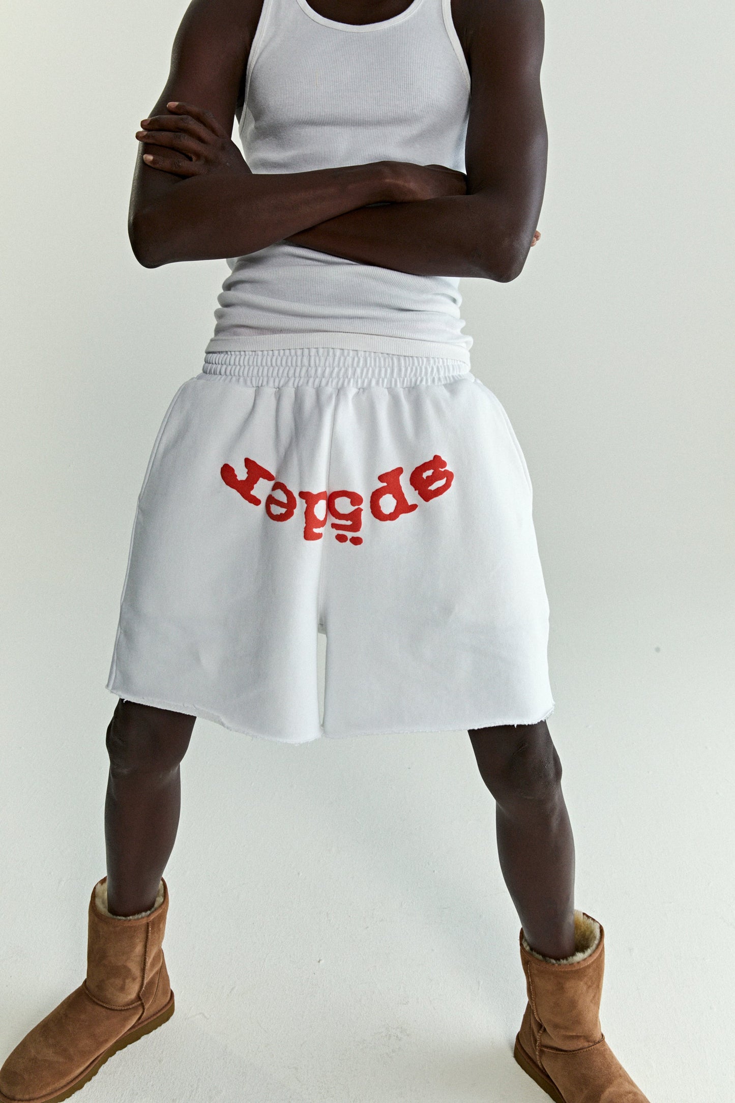 WHITE OG WEB V2 SWEATSHORT ON MODEL