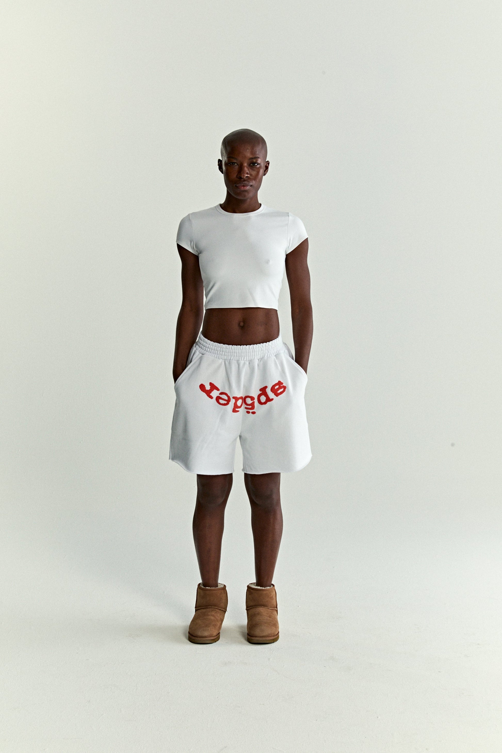 WHITE OG WEB V2 SWEATSHORT ON MODEL