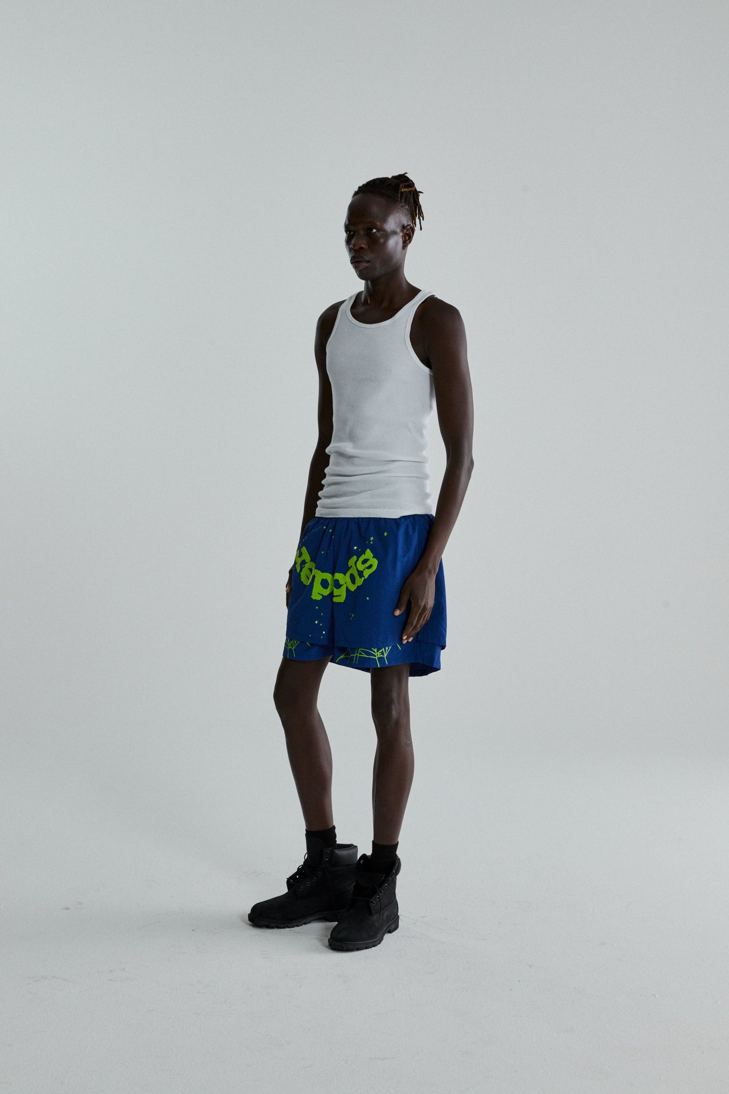 BLUE OG WEB DOUBLE LAYER SHORTS ON MODEL