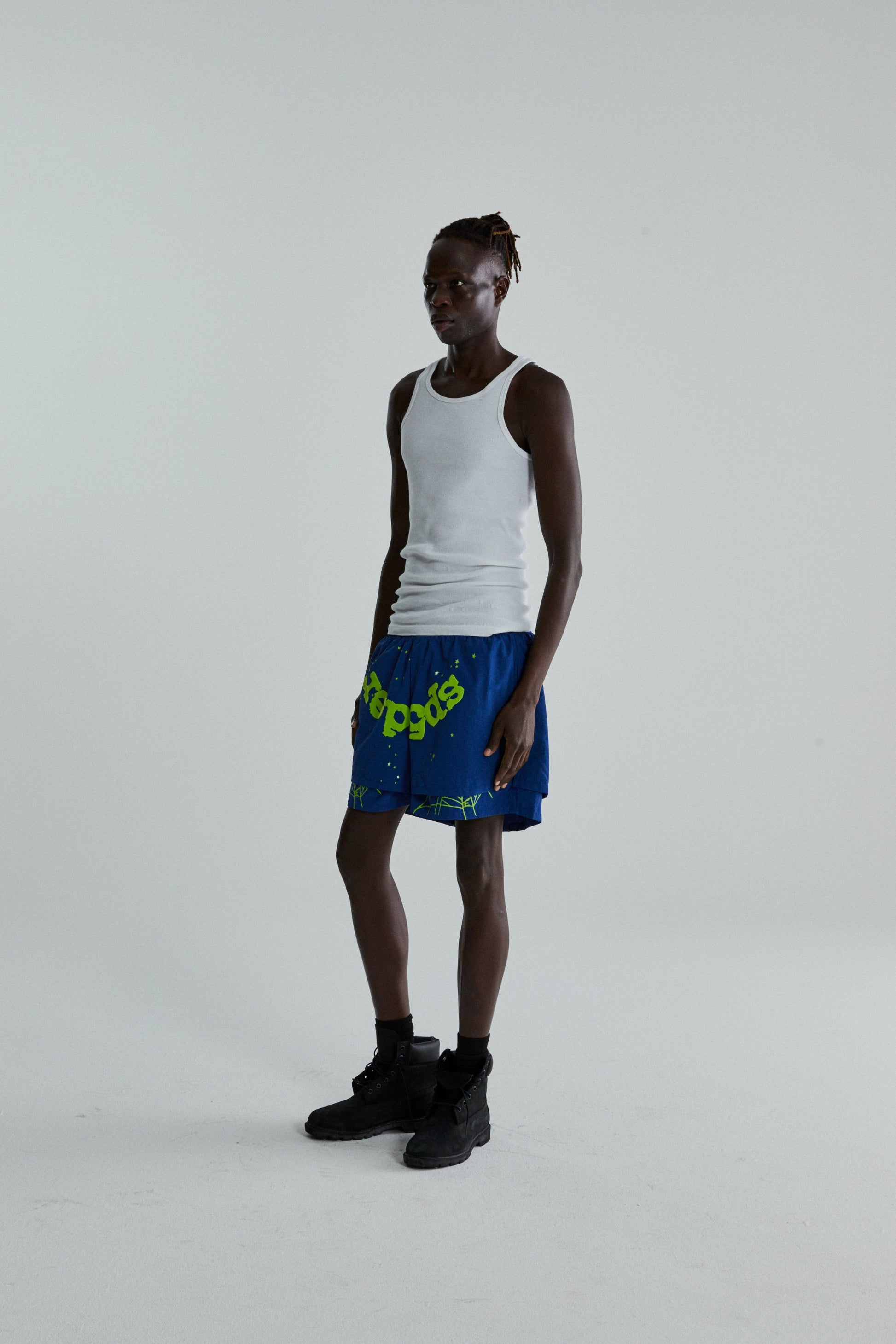 BLUE OG WEB DOUBLE LAYER SHORTS ON MODEL