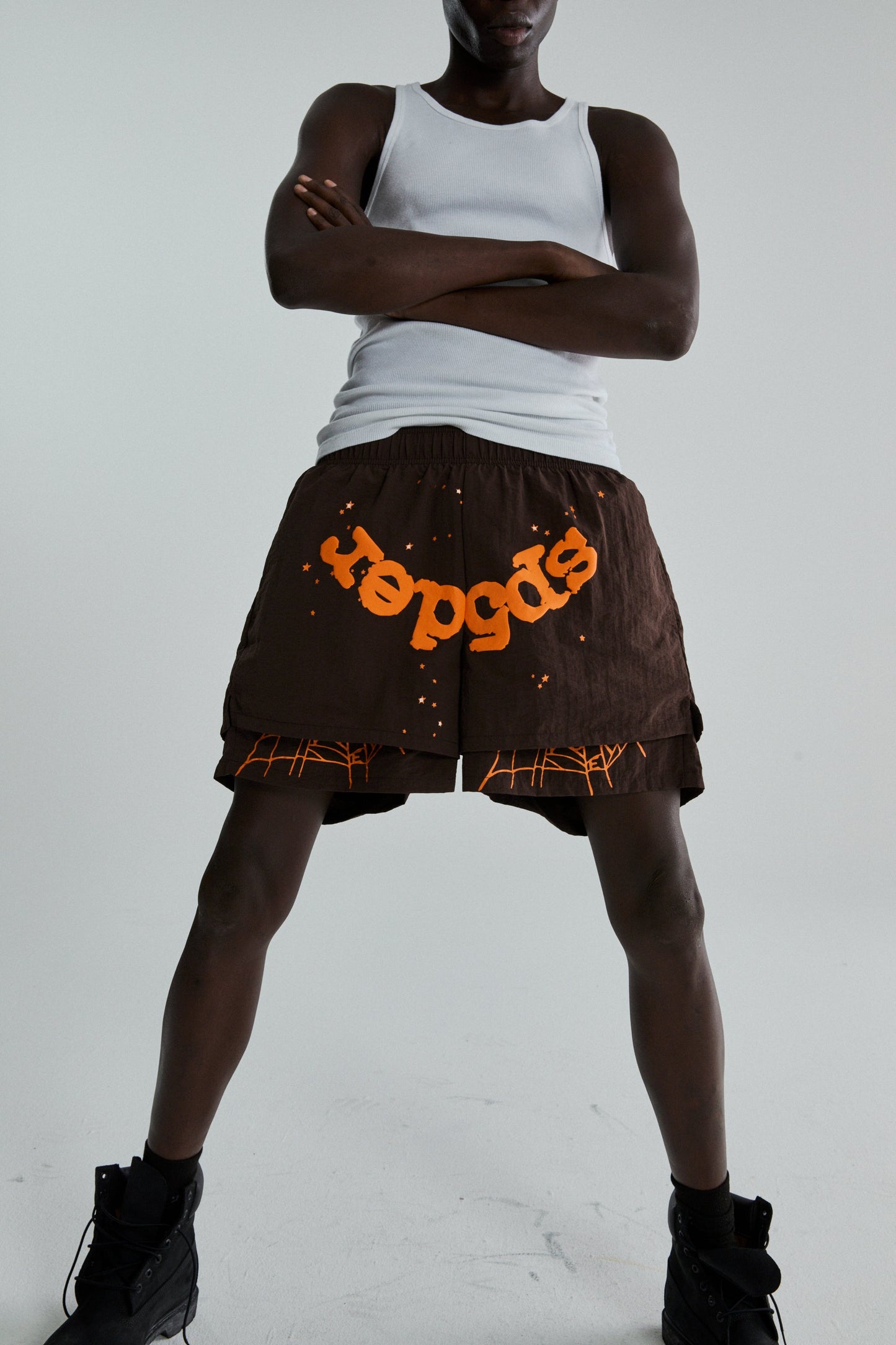 BROWN OG WEB DOUBLE LAYER SHORTS ON MODEL