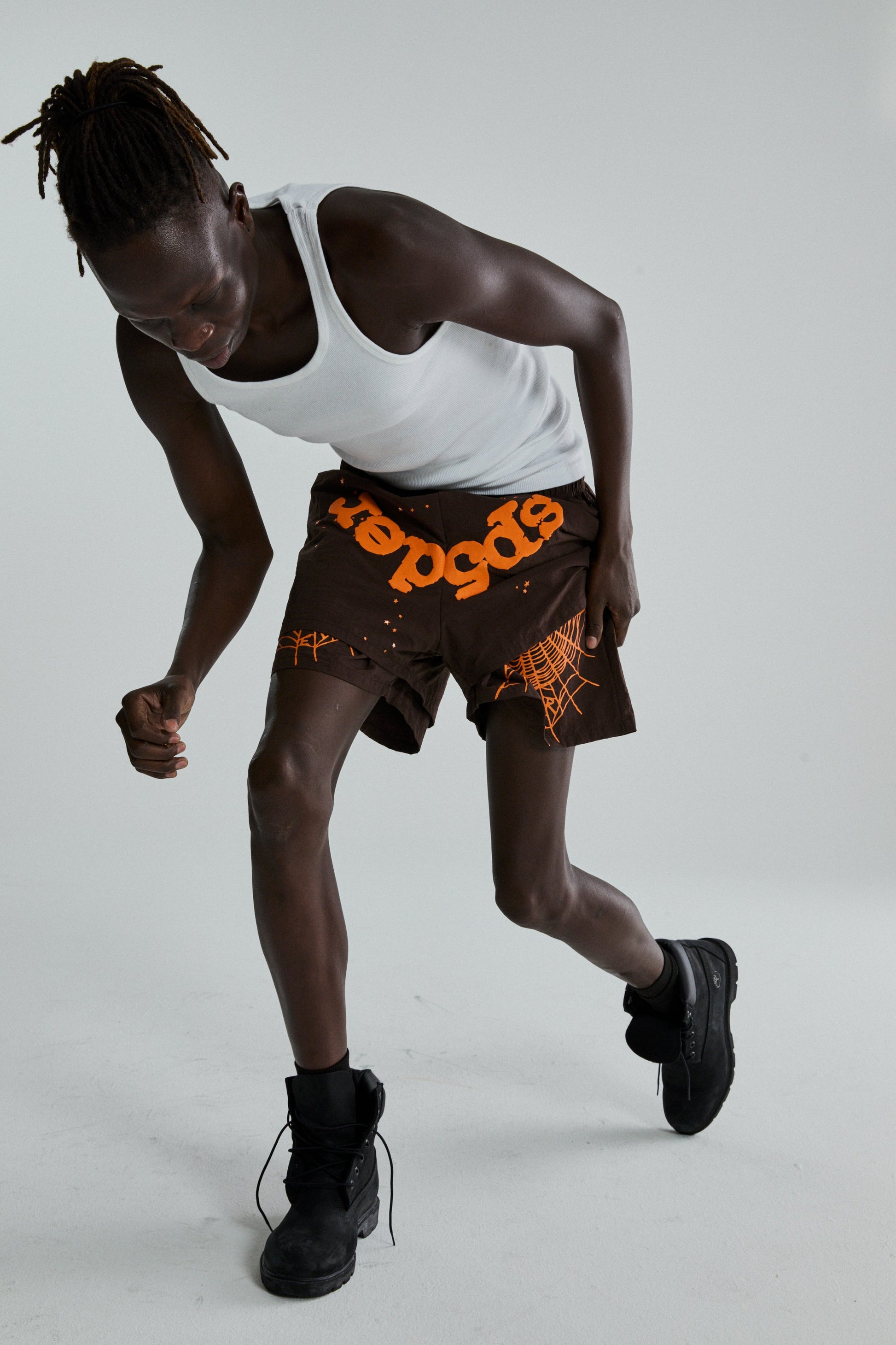 BROWN OG WEB DOUBLE LAYER SHORTS ON MODEL