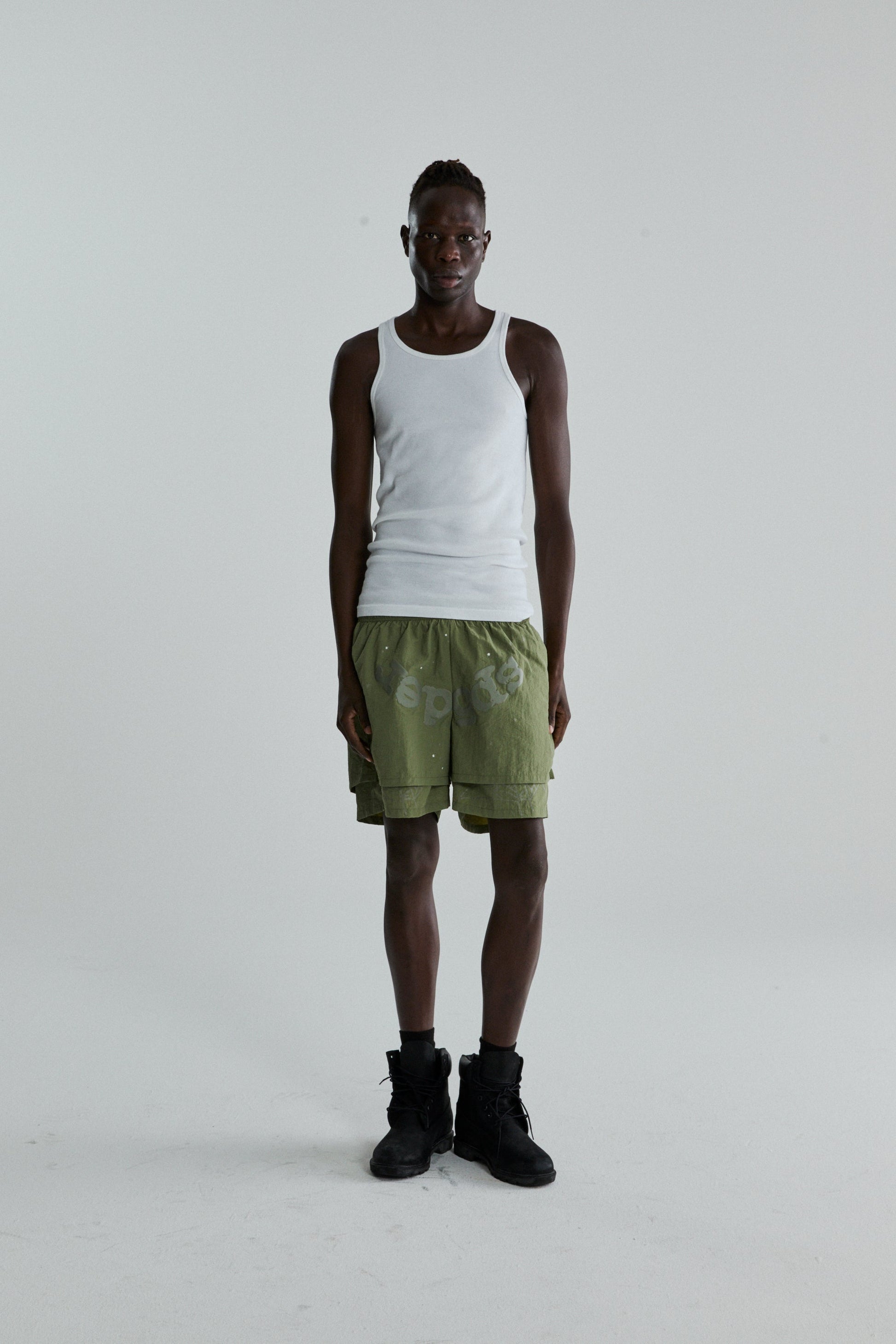 SAGE GREEN OG WEB DOUBLE LAYER SHORTS ON MODEL