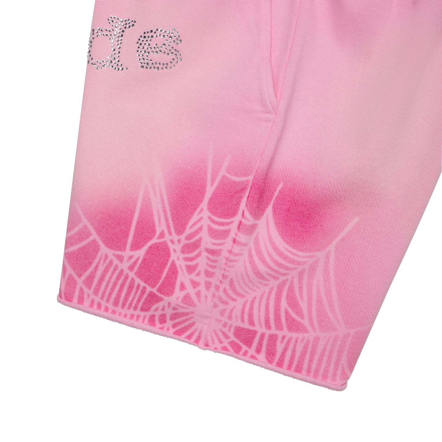 Pink cotton fleece sweatshorts with rhinestone "SP5DER" text and white spray web graphic design.