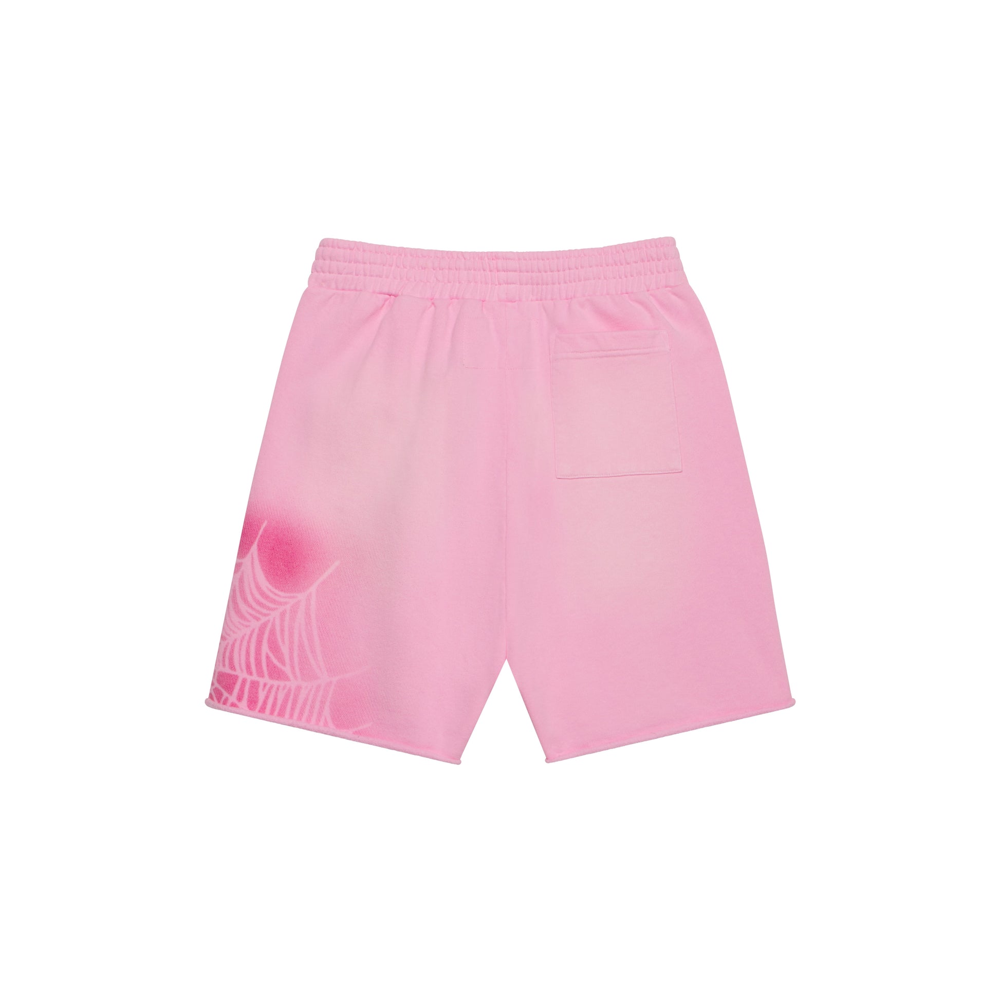 Pink cotton fleece sweatshorts with a white spray web graphic print and raw hem.