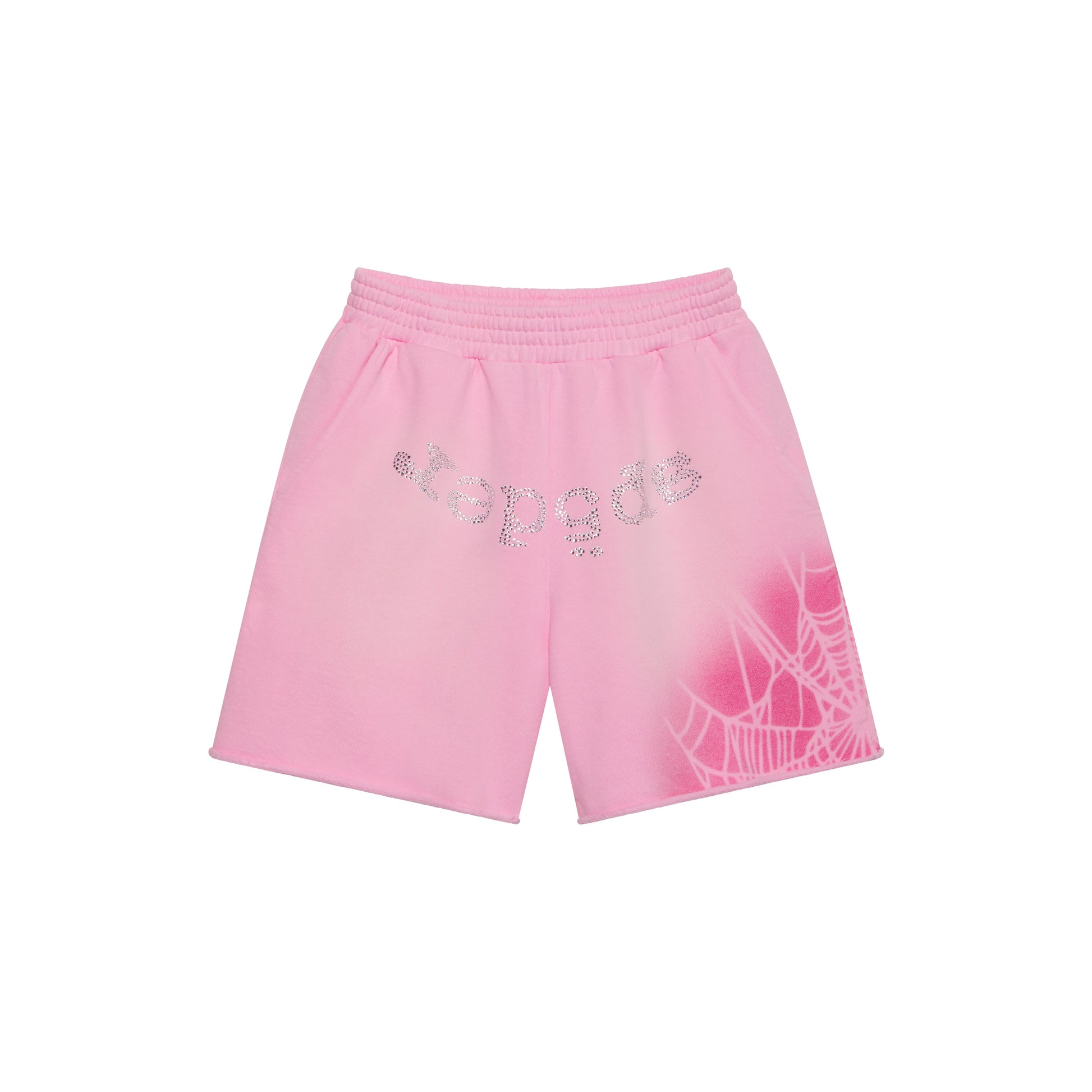 Pink cotton fleece sweatshorts with rhinestone "SP5DER" text and a white spray web graphic design.