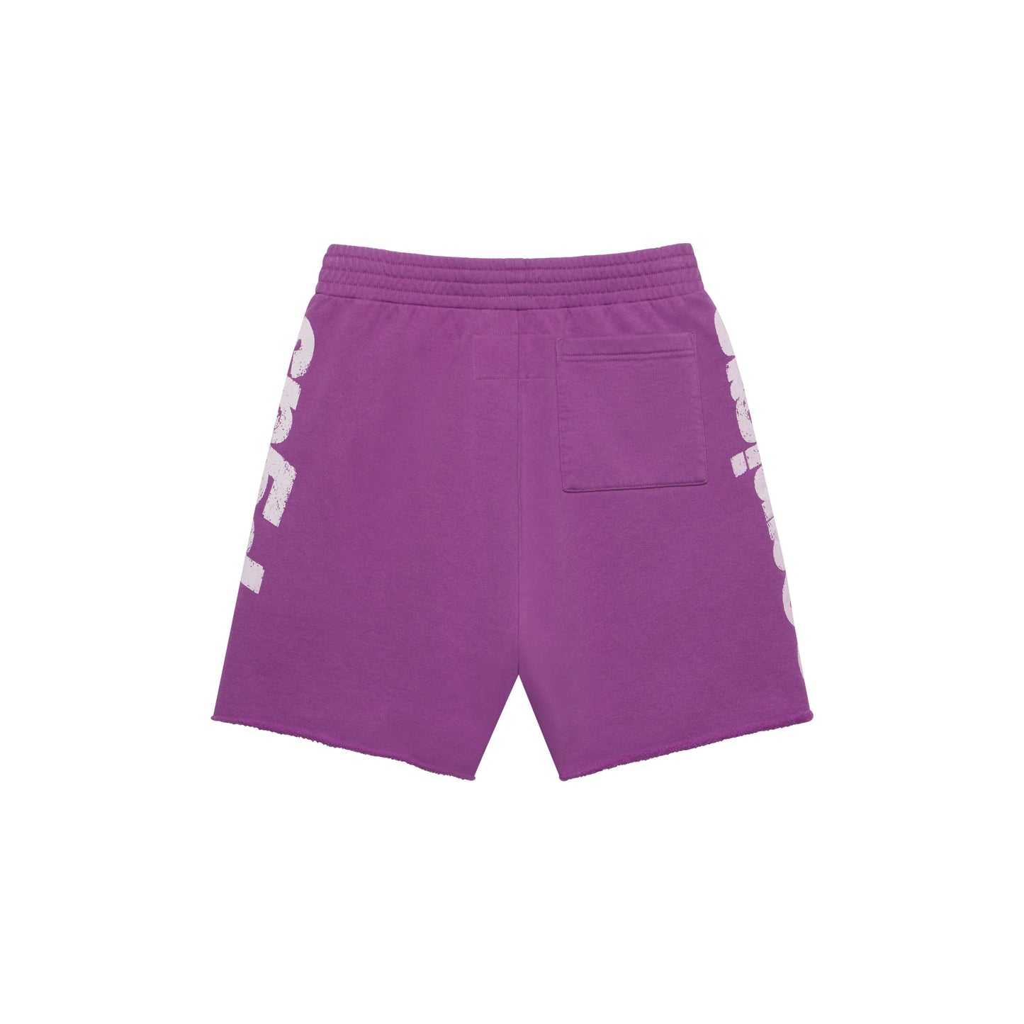 Purple cotton fleece sweatshorts with white graphic print on front and sides, drawcord, back patch pocket, and raw hem.