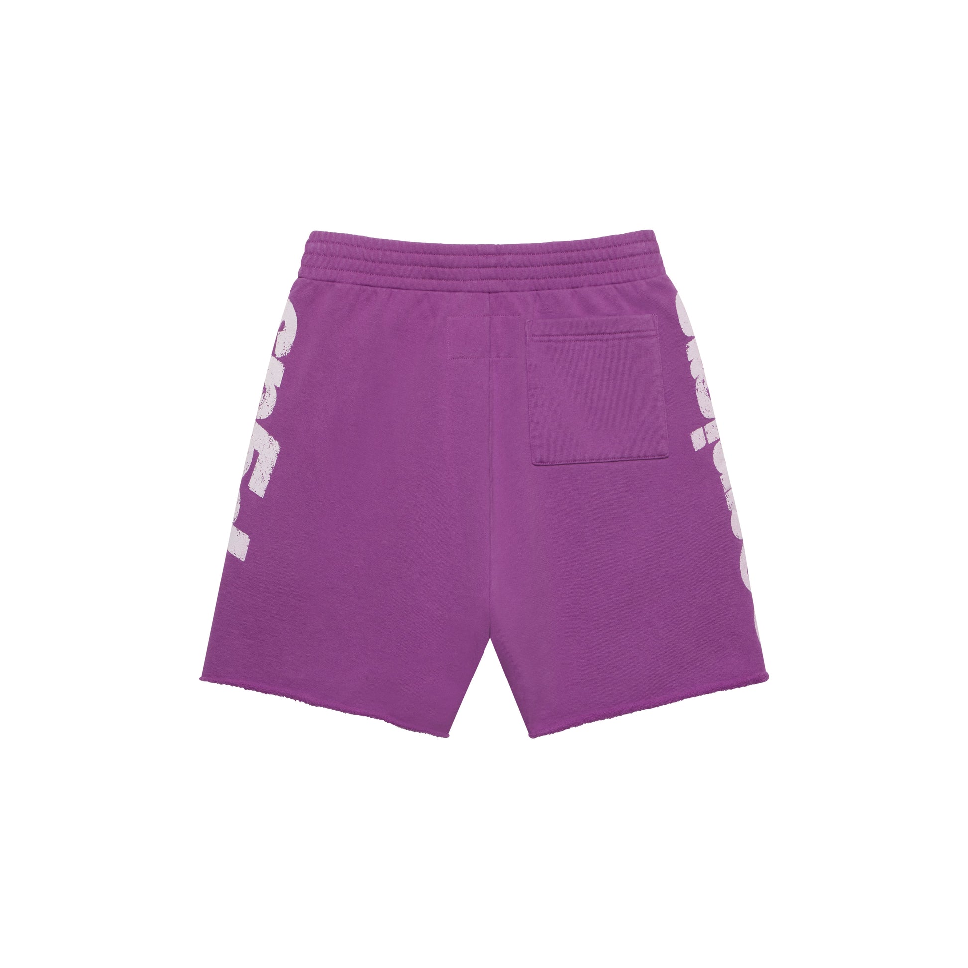 Purple cotton fleece sweatshorts with white graphic print on front and sides, drawcord, back patch pocket, and raw hem.