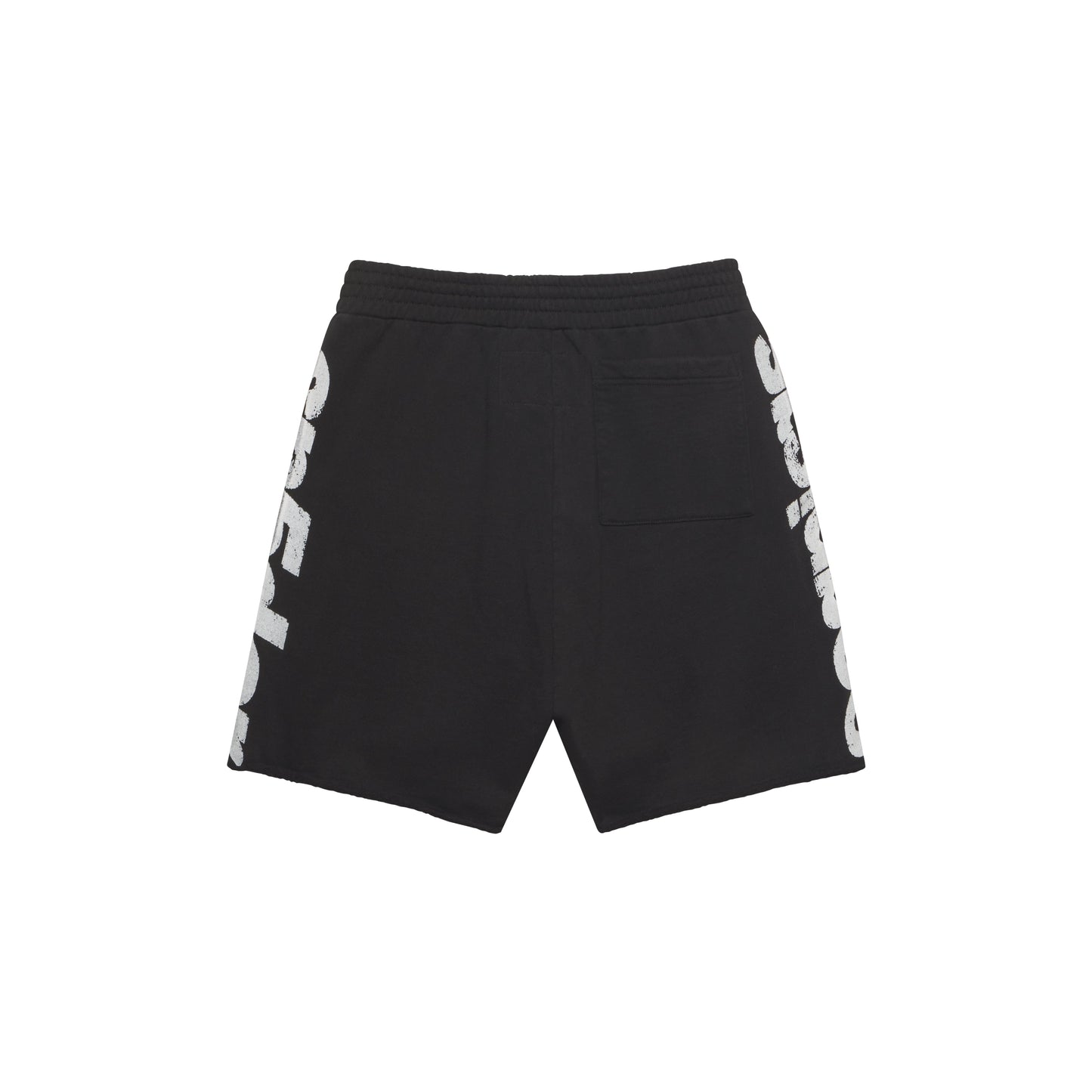 Black cotton fleece sweatshorts with white graphic print on sides, drawcord waistband, back patch pocket, and raw hem.