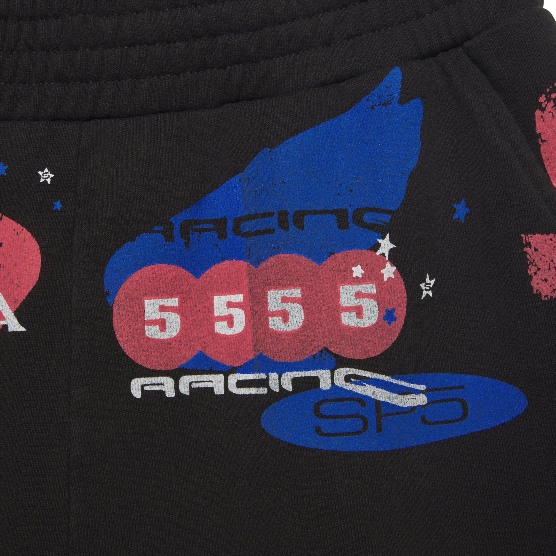 Black cotton fleece sweatshort with red and blue graphic print, "5555" text, and drawcord waistband.