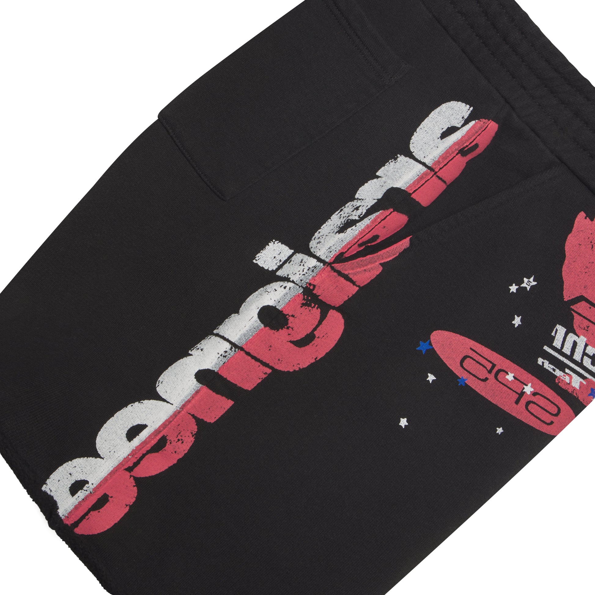 Black cotton fleece sweatshort with "Bombi" graphic print and red, white, and blue design.
