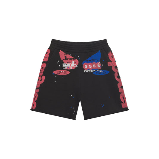 Black cotton fleece sweatshorts with red and blue racing graphic print, drawcord, and raw hem.