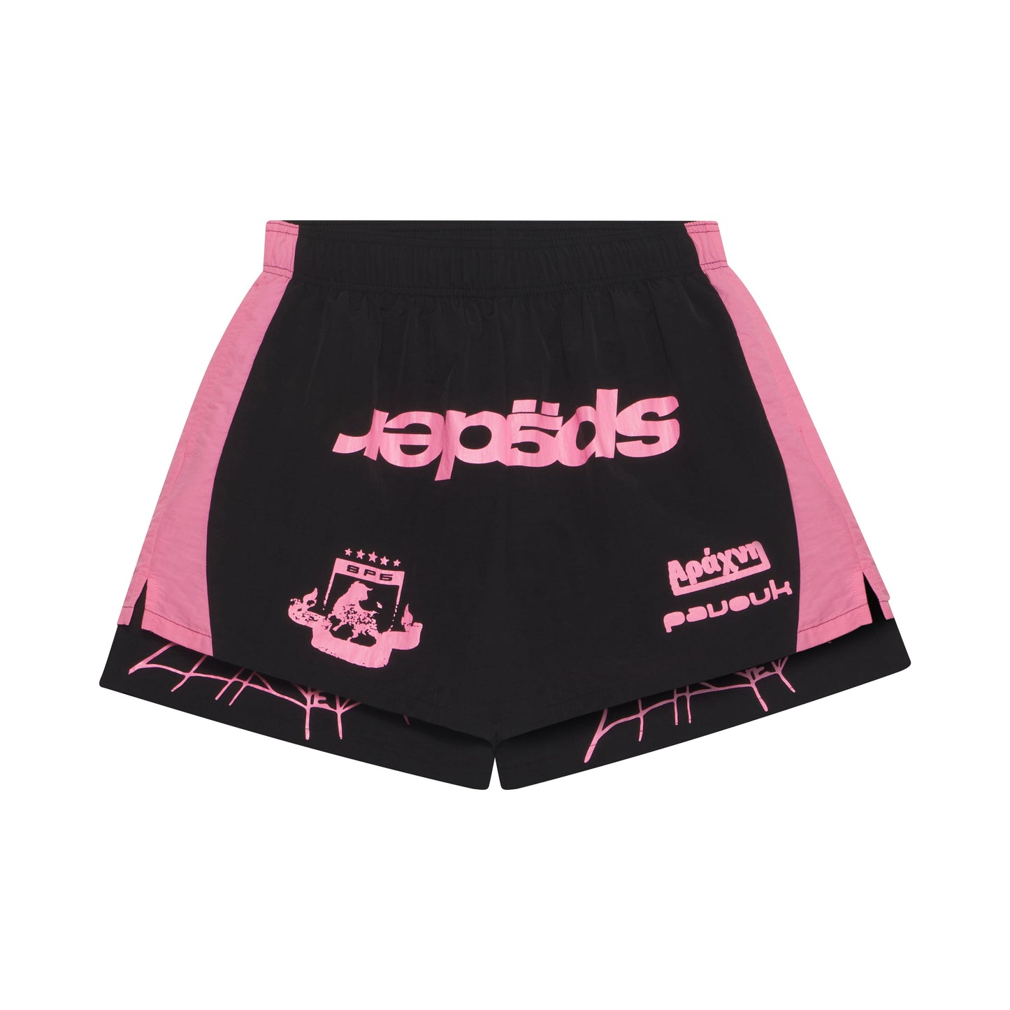 Black double-layer nylon soccer shorts with pink wide side stripes and graphic print.