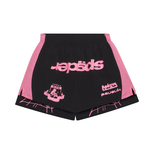 Black double-layer nylon soccer shorts with pink wide side stripes and graphic print.