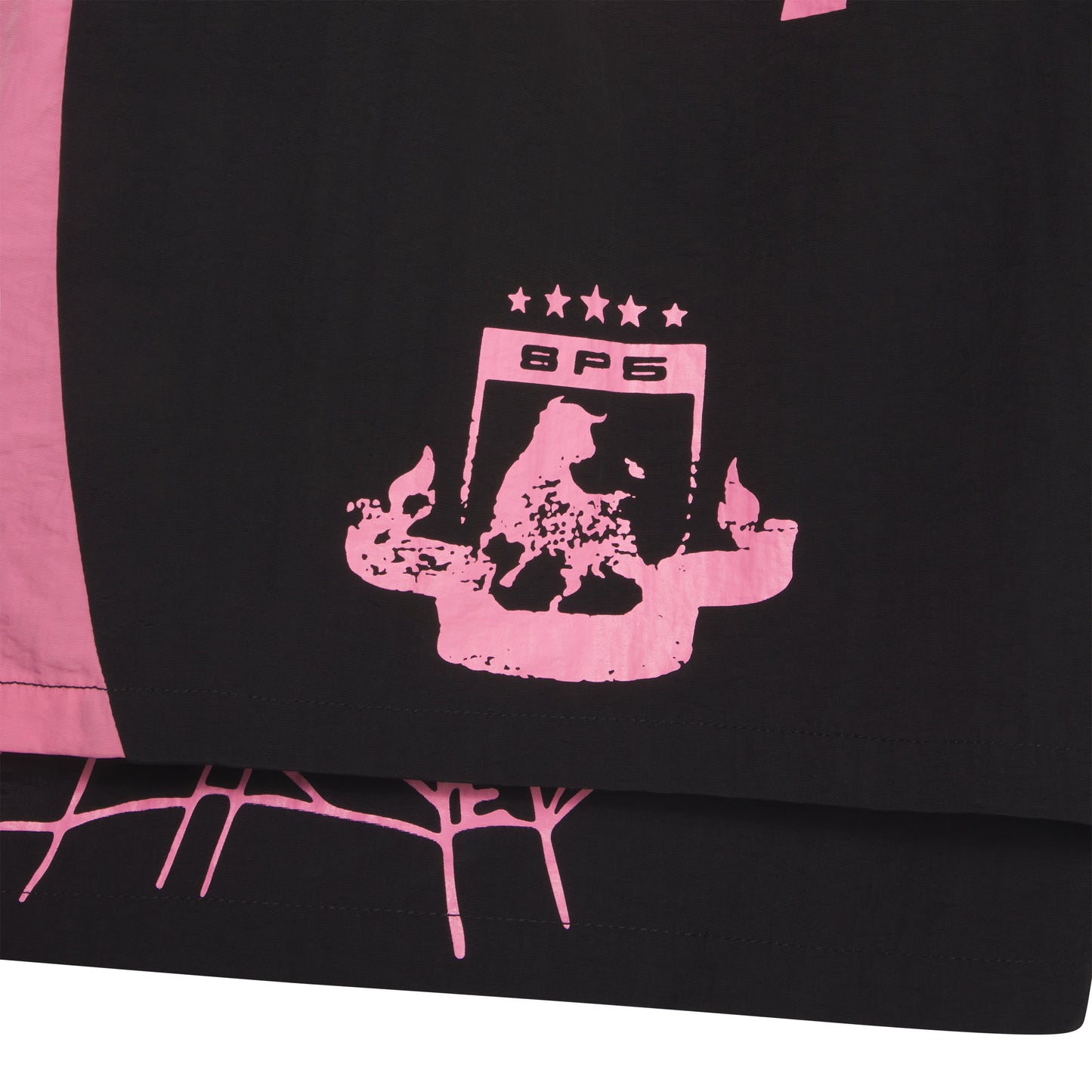 Black 4oz water repellent nylon shorts with pink wide side stripe, graphic print, and web print.