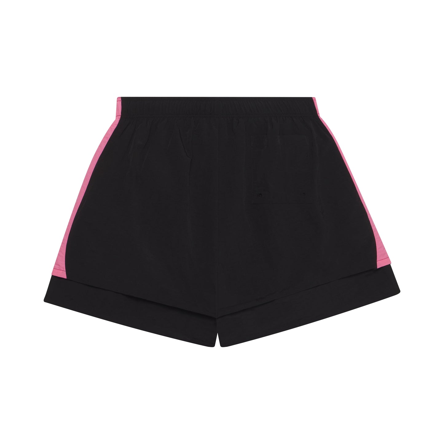 Black double-layer soccer shorts with pink wide side stripes, elastic waistband, and patch back pocket.