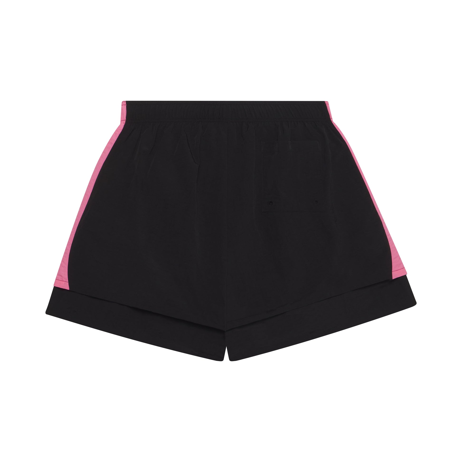 Black double-layer soccer shorts with pink wide side stripes, elastic waistband, and patch back pocket.