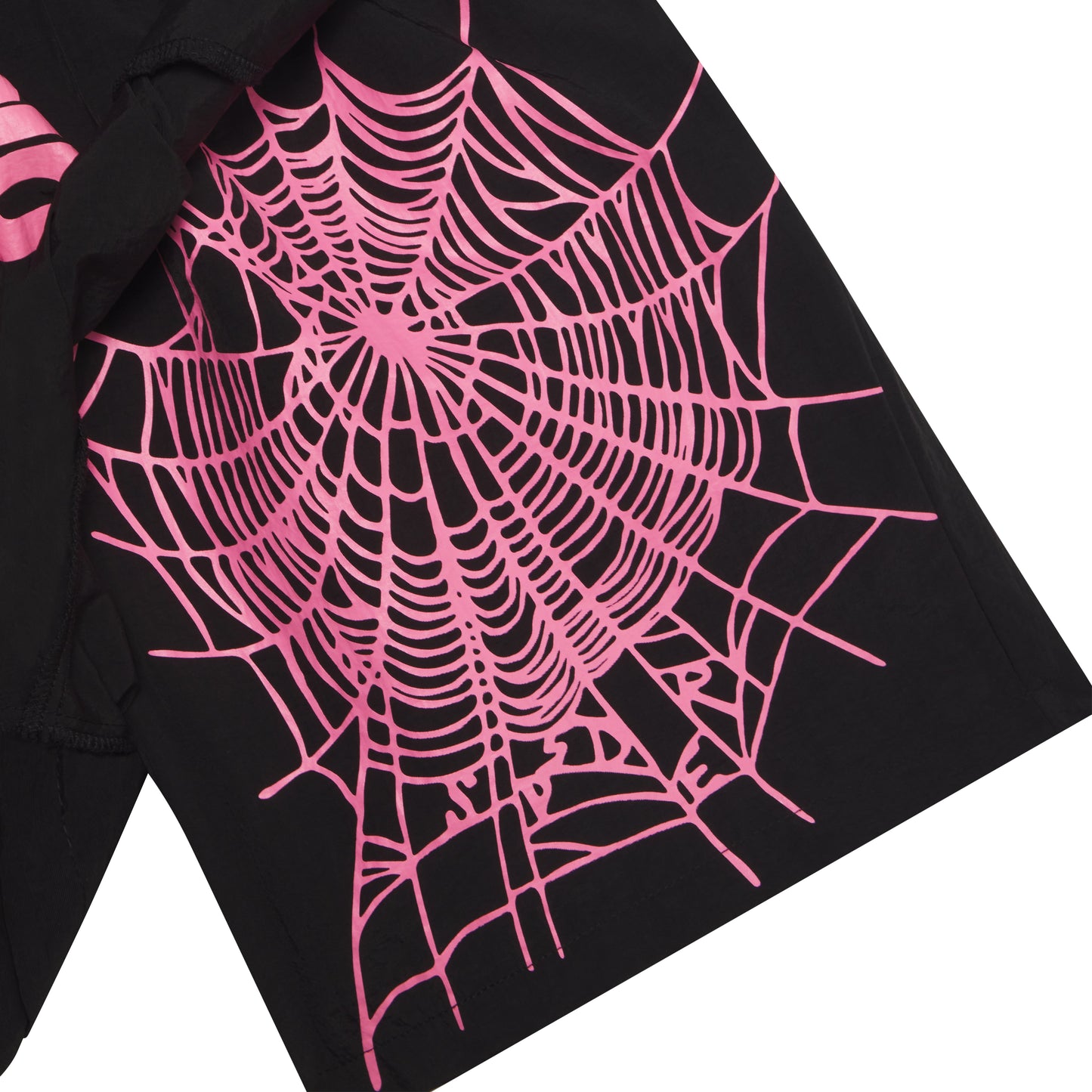 Black double-layer soccer shorts with a vibrant pink spider web graphic print on the inner layer.