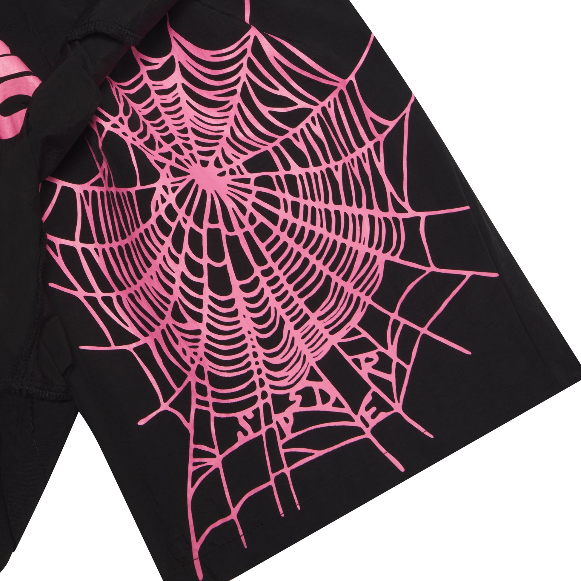 Black double-layer soccer shorts with a vibrant pink spider web graphic print on the inner layer.