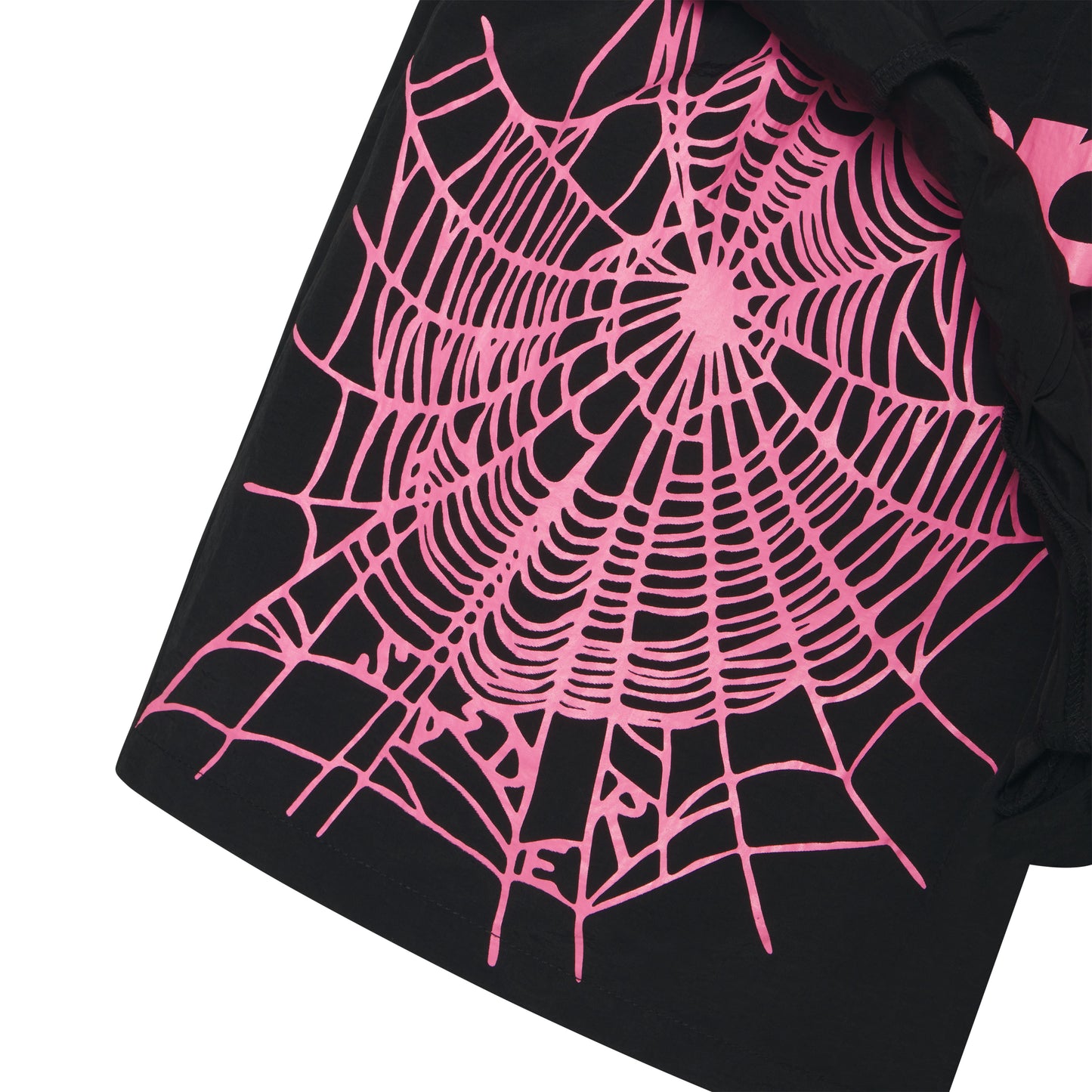 Black double-layer soccer short with a vibrant pink web graphic print on the inner layer.