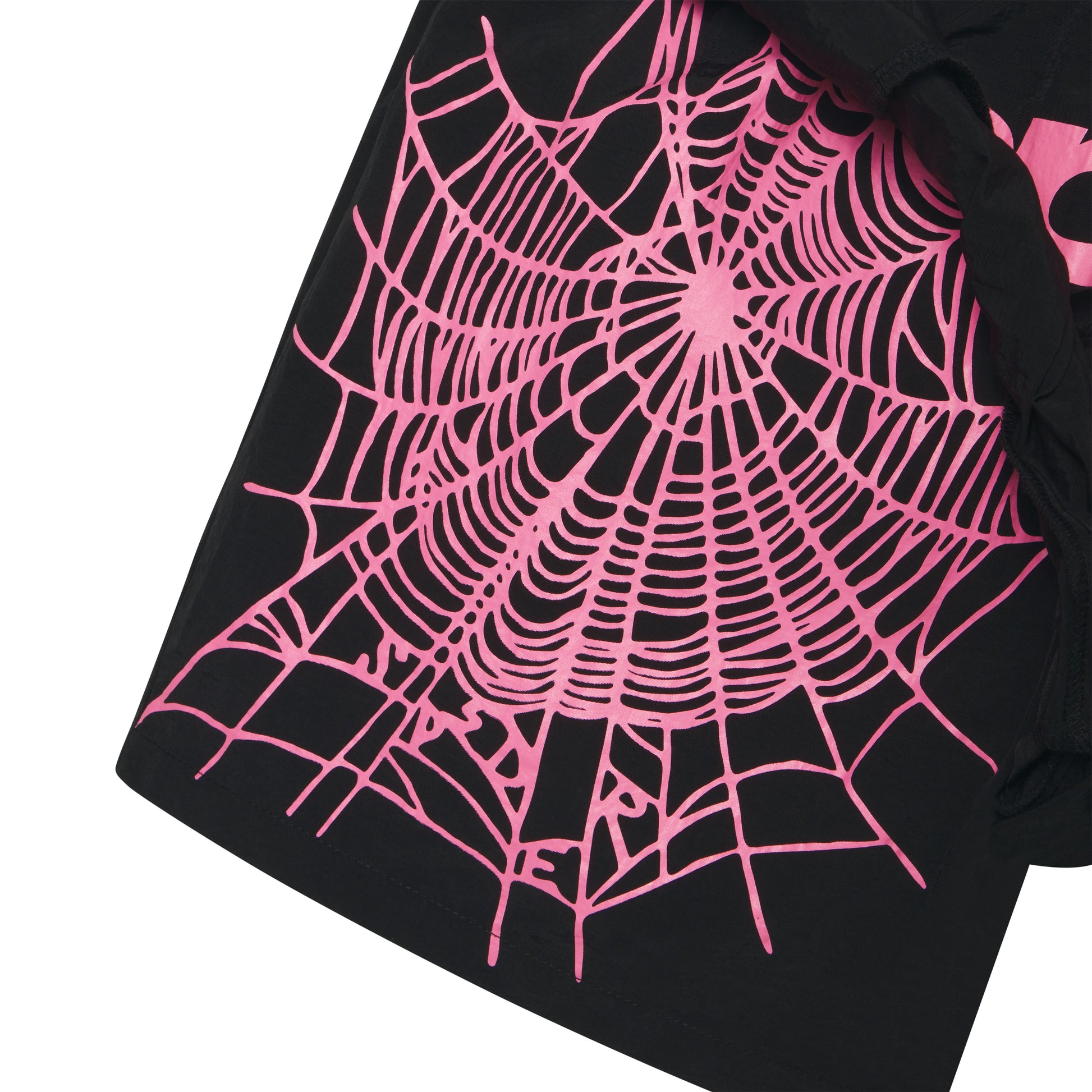Black double-layer soccer short with a vibrant pink web graphic print on the inner layer.