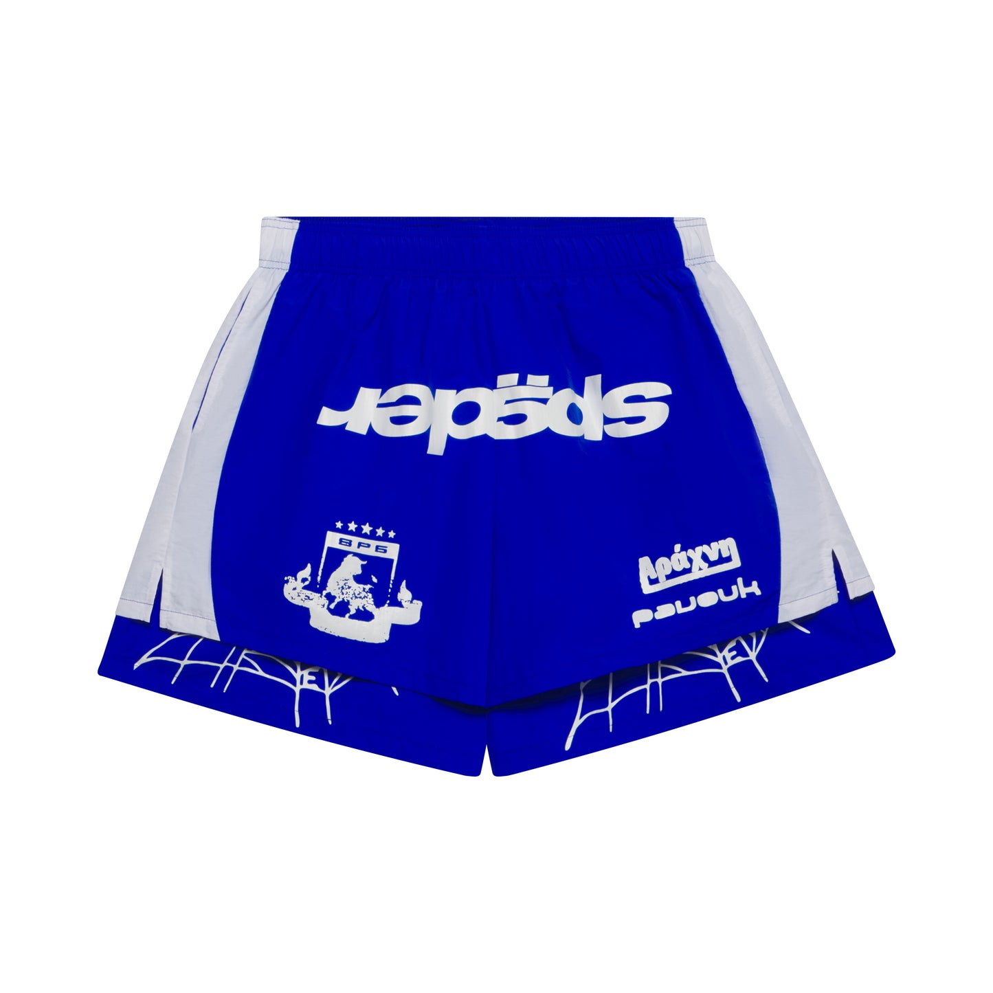 Blue 4oz water repellent nylon soccer shorts with white wide side stripes, graphic print, and web print.