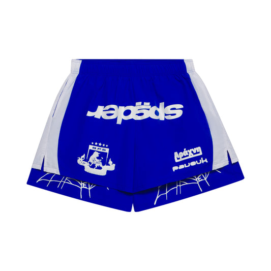 Blue 4oz water repellent nylon soccer shorts with white wide side stripes, graphic print, and web print.