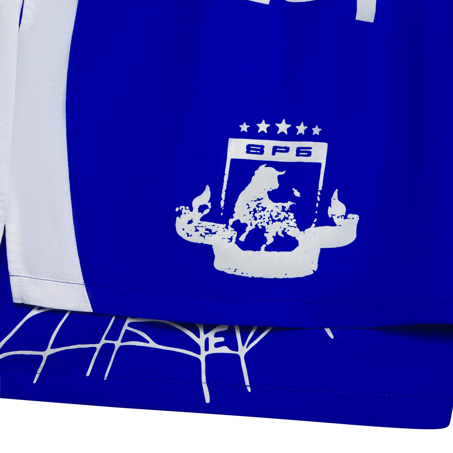 Blue double-layer soccer shorts with white graphic print, wide side stripe, and web print on inner layer.