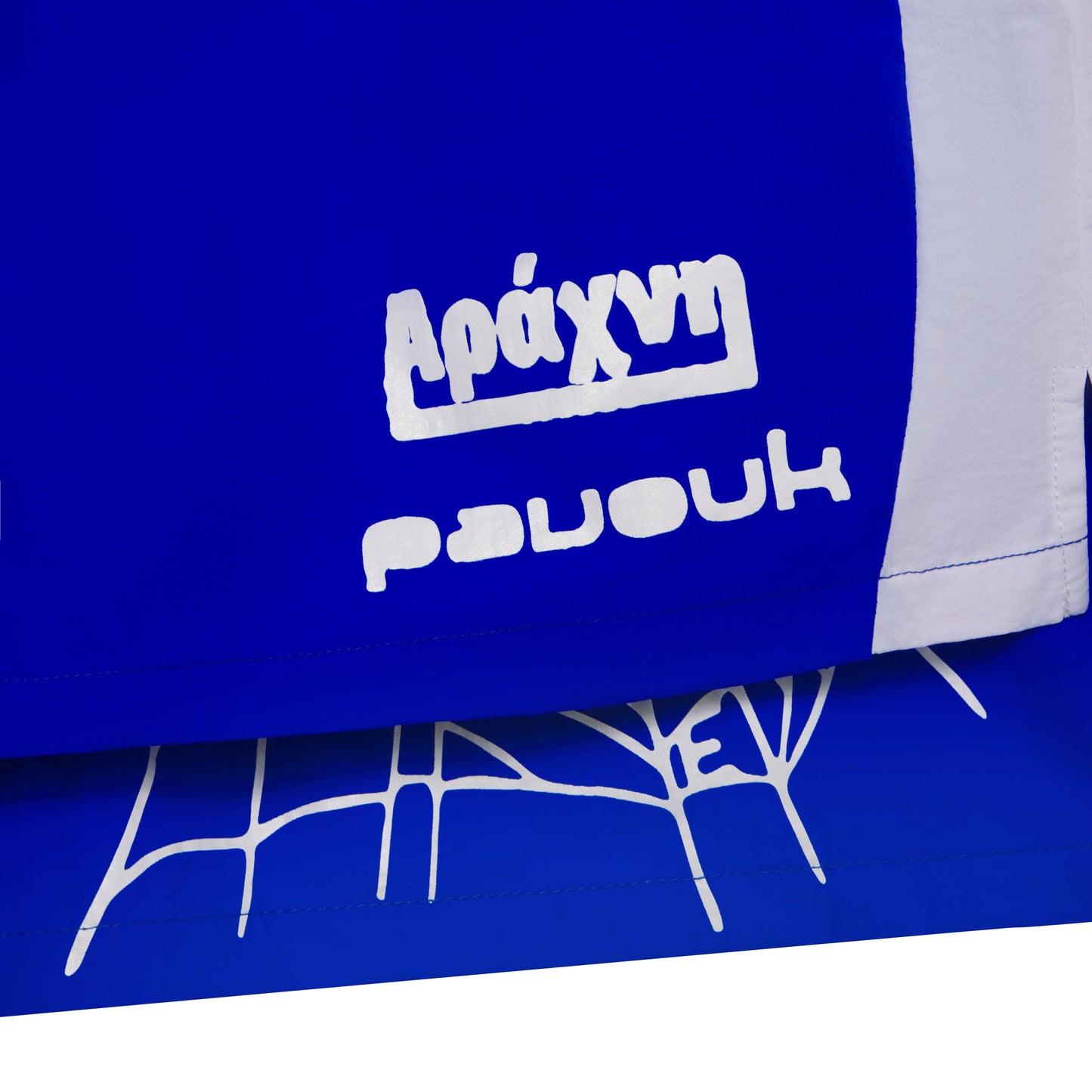 Blue double-layer soccer shorts with white graphic print, wide side stripe, and web print on inner layer.