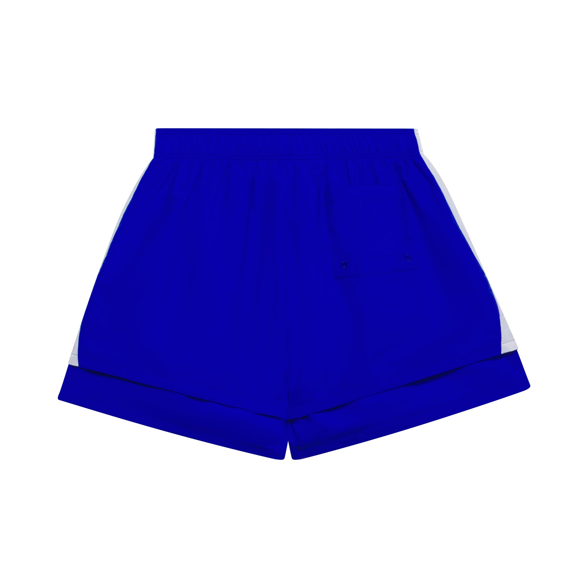 Blue double layer soccer shorts with white side stripes and a patch back pocket.