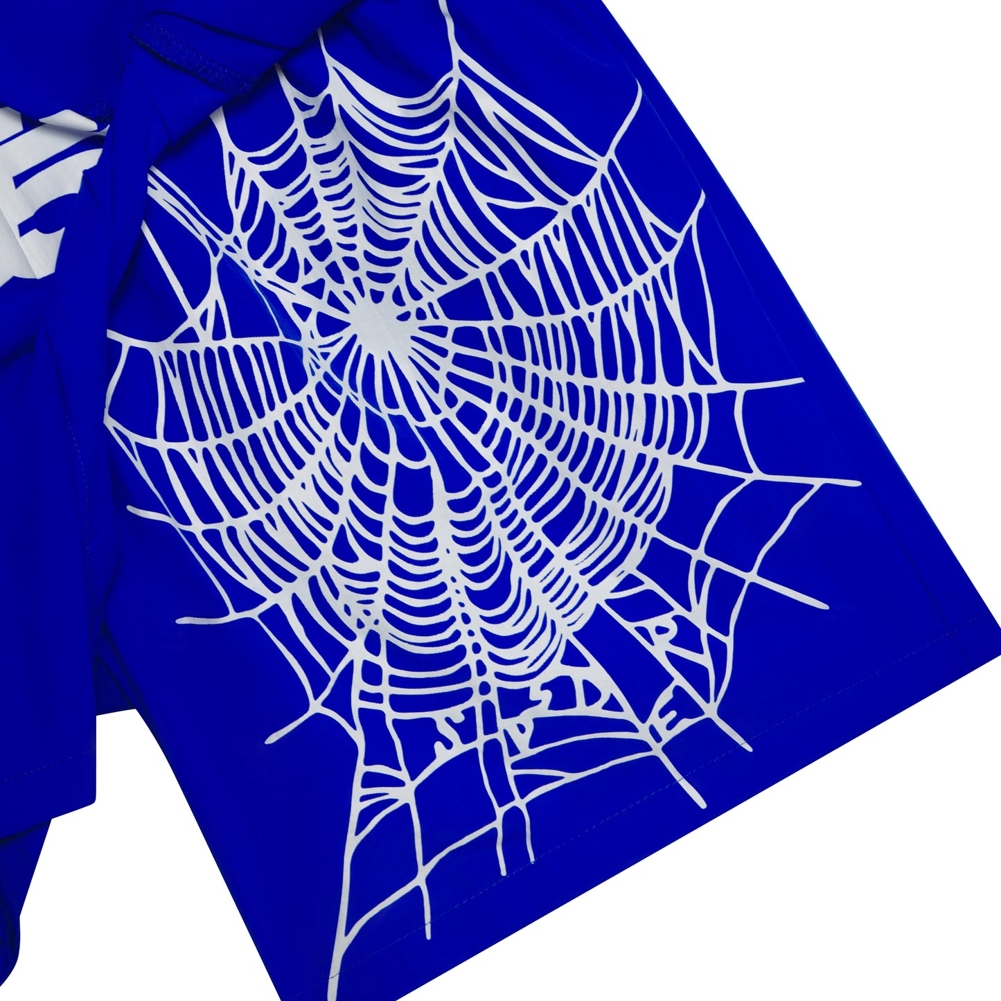 Blue double layer soccer shorts with white web graphic print on inner layer.