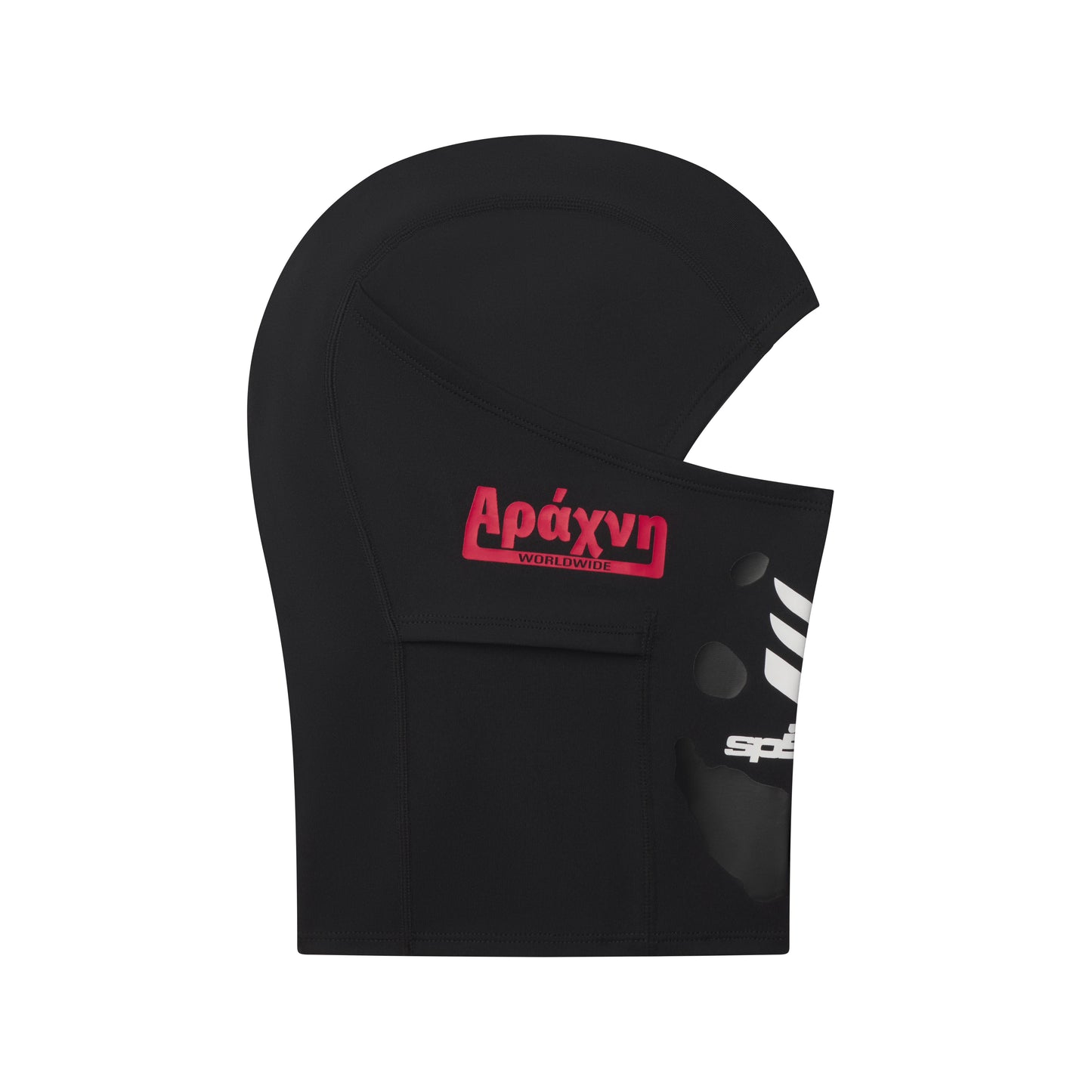 Black spandex SP5DER soccer face mask with red "Αράχνη WORLDWIDE" graphic print and white logo on the side.