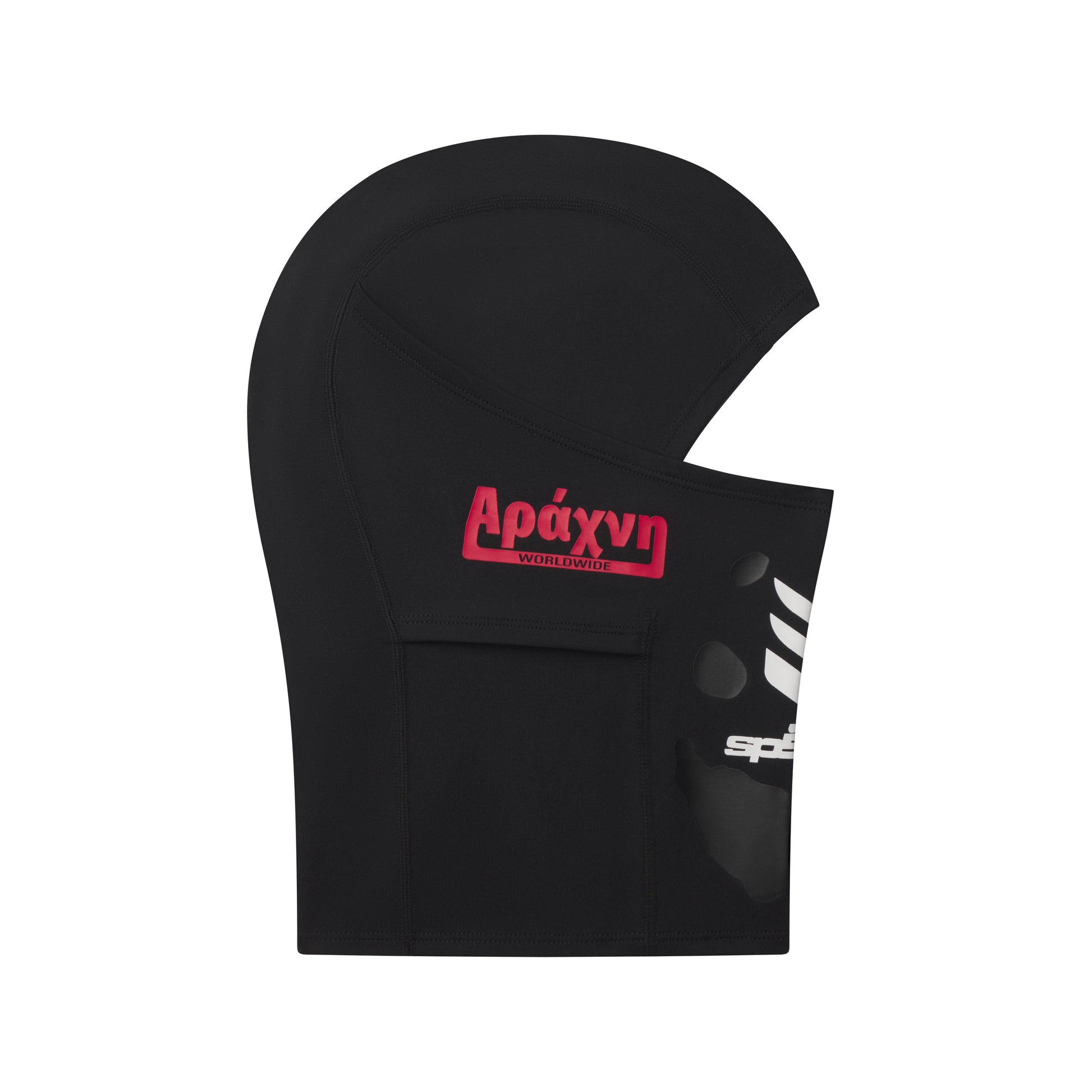 Black spandex SP5DER soccer face mask with red "Αράχνη WORLDWIDE" graphic print and white logo on the side.