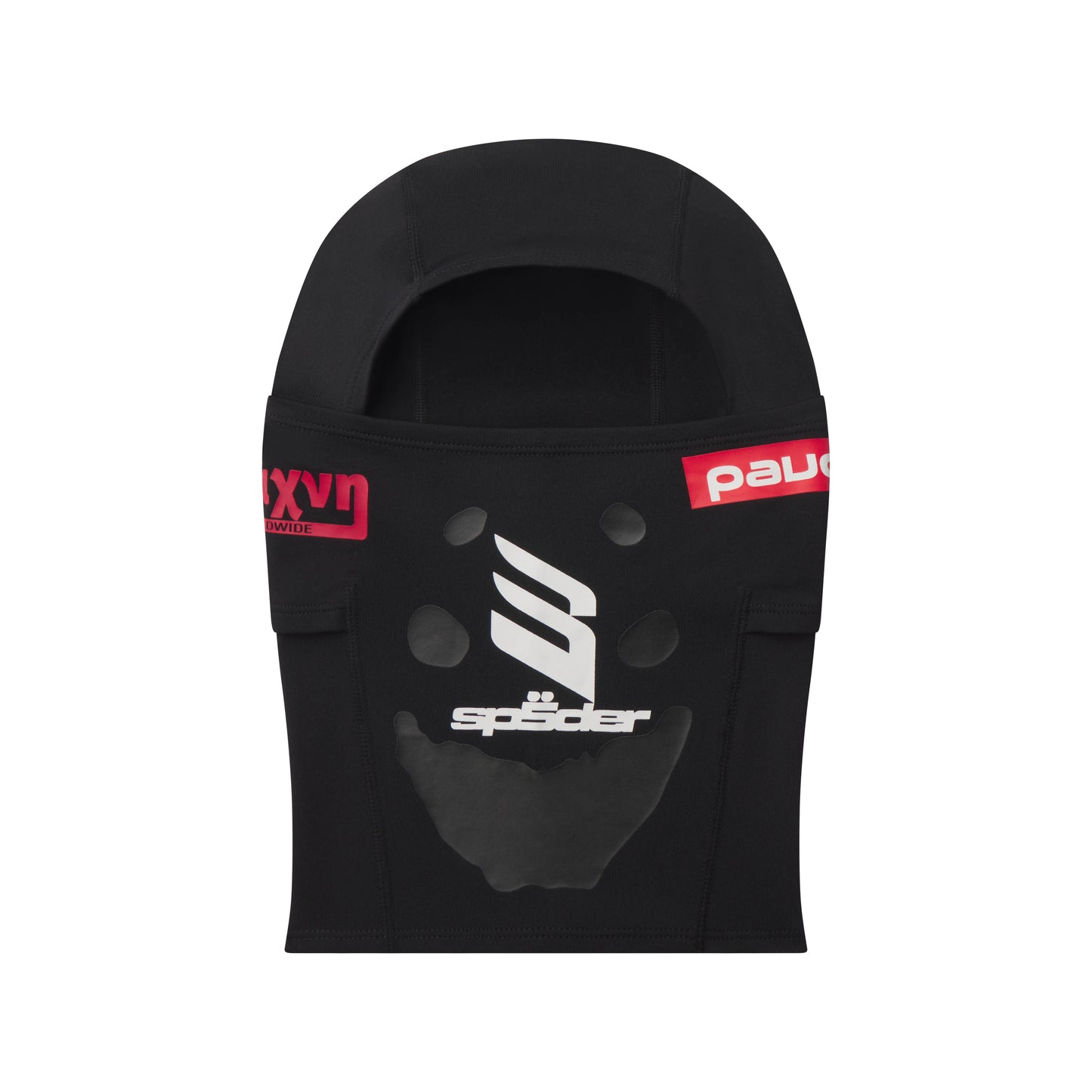 Black SP5DER soccer face mask in breathable spandex with white and red graphic print.