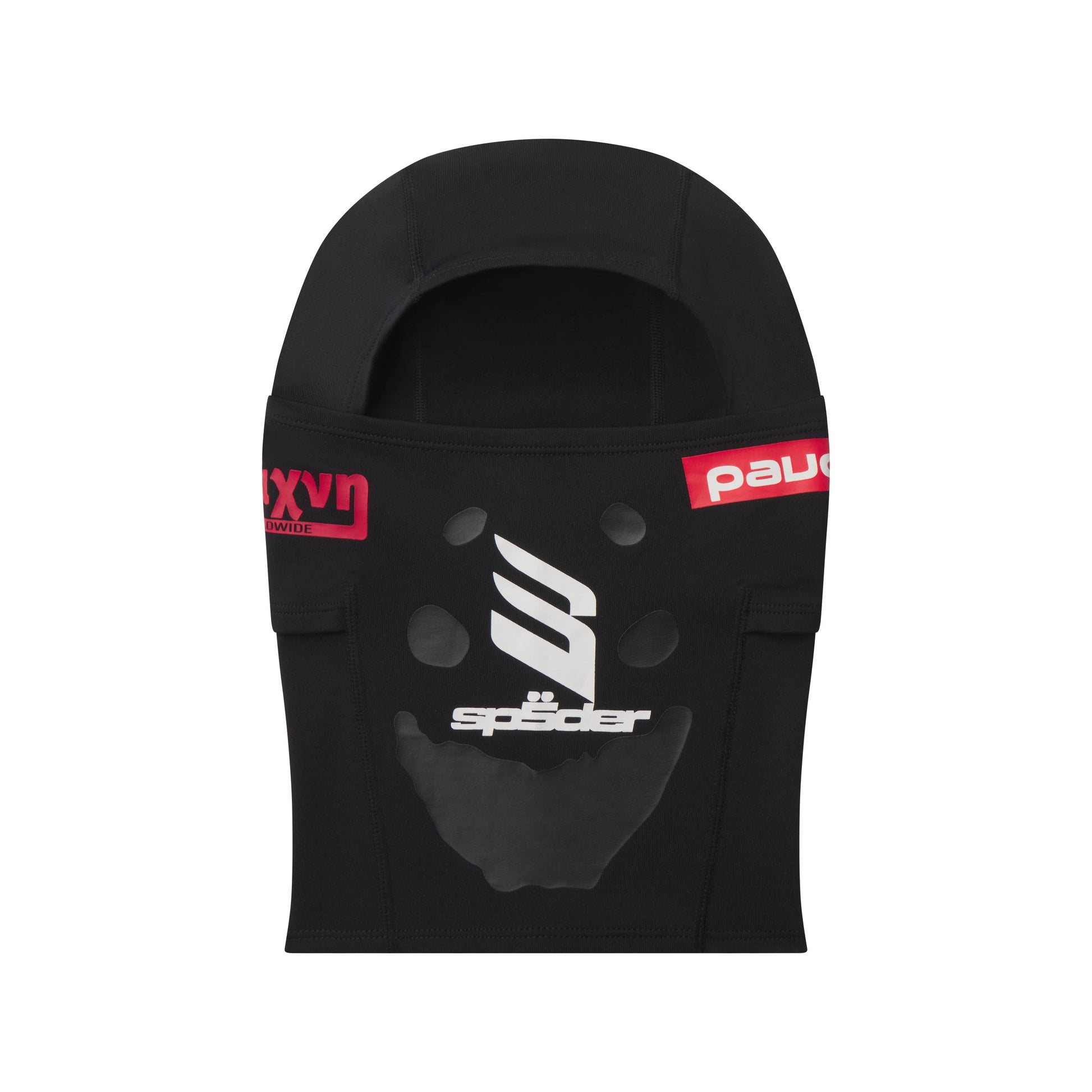 Black SP5DER soccer face mask in breathable spandex with white and red graphic print.