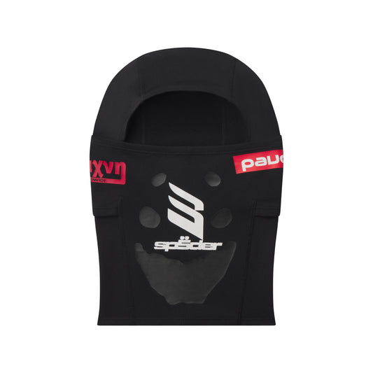 Black SP5DER soccer face mask in breathable spandex with white and red graphic print.
