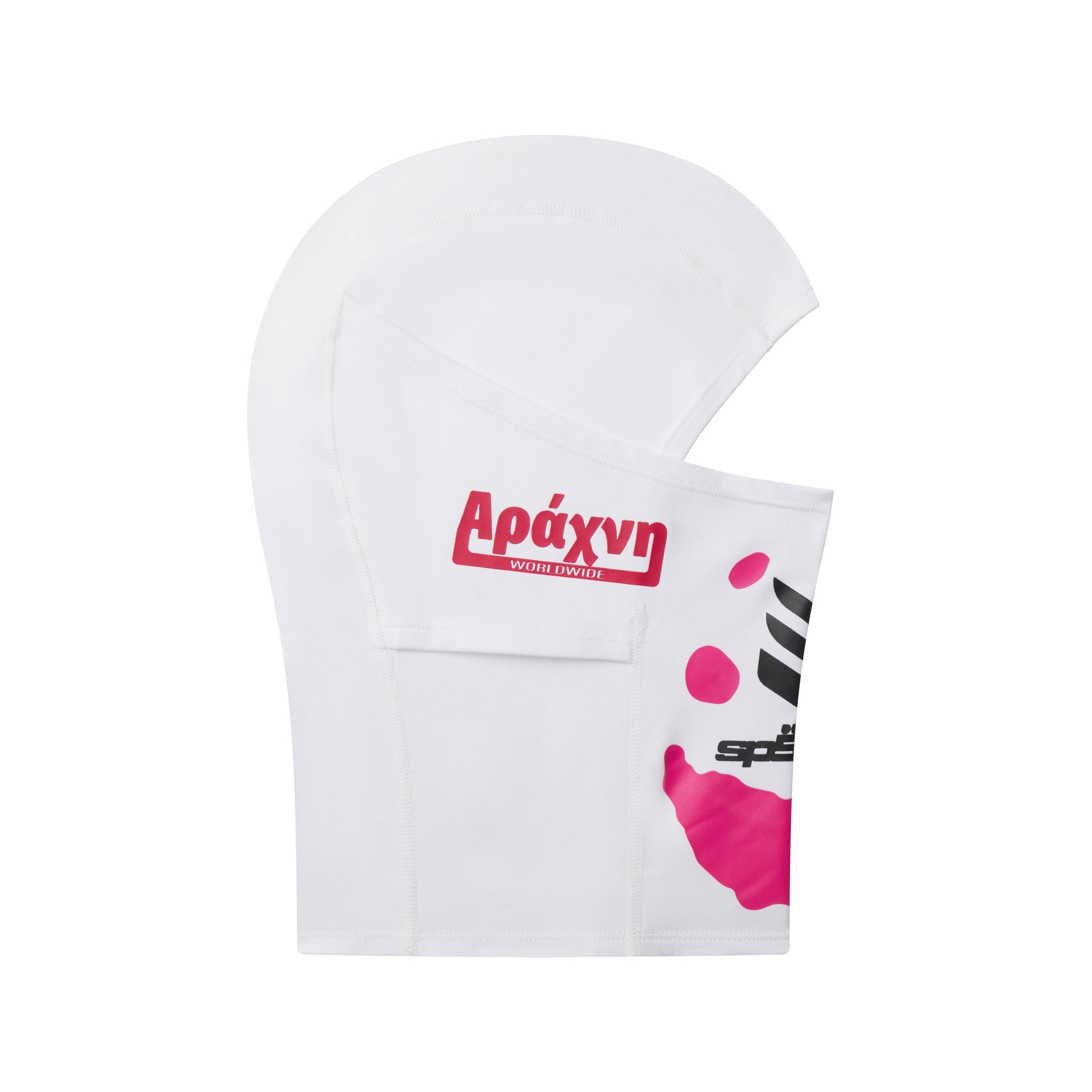 White spandex SP5DER soccer face mask with red "Αράχνη WORLDWIDE" and black/pink graphic print.