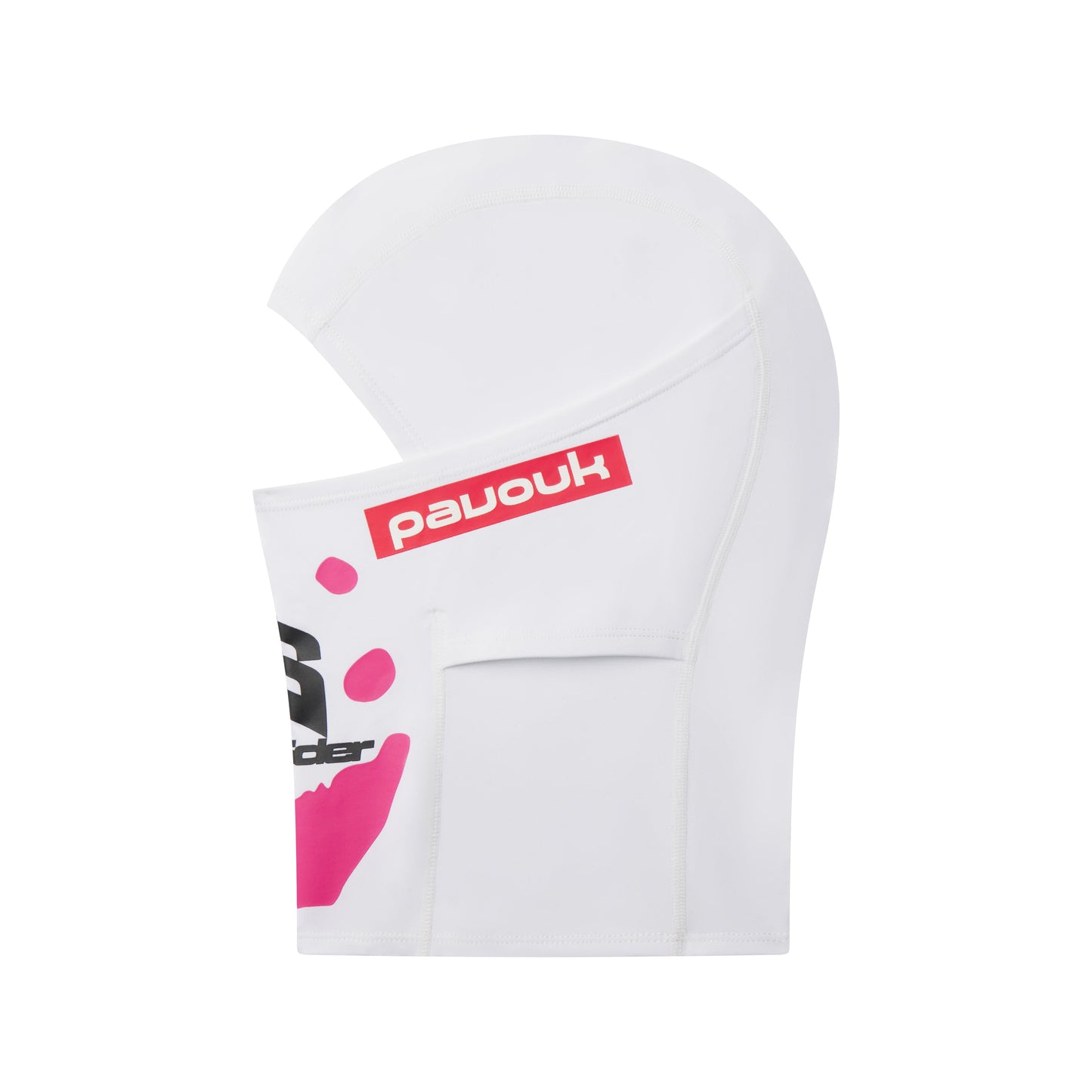 White spandex SP5DER soccer face mask with red "pavouk" logo and black/pink graphic print.