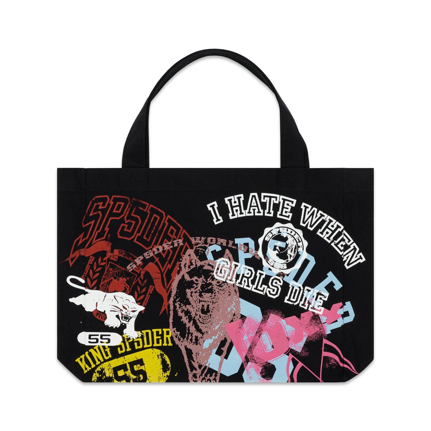 Black canvas tote bag with bold multi-color graphic prints, including text and animal designs.