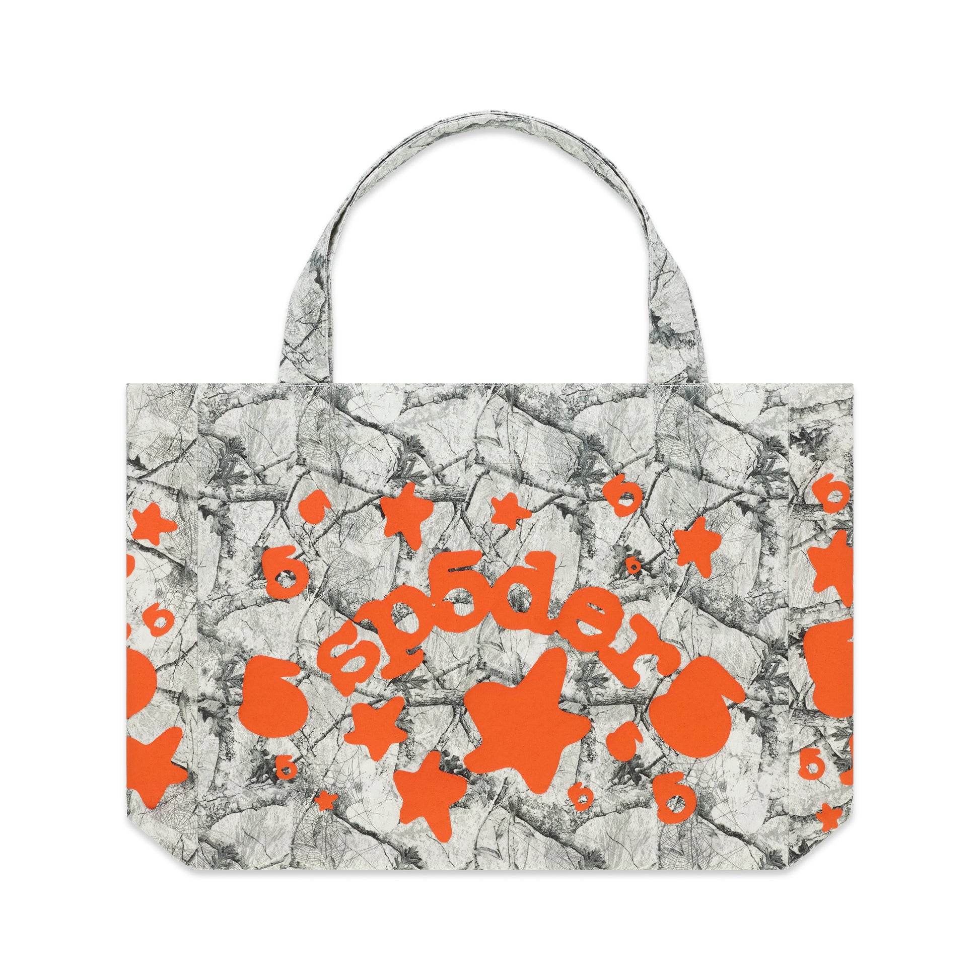REALTREE BELUGA TOTE BAG: 8oz brushed twill with gray camo and orange graphic print.