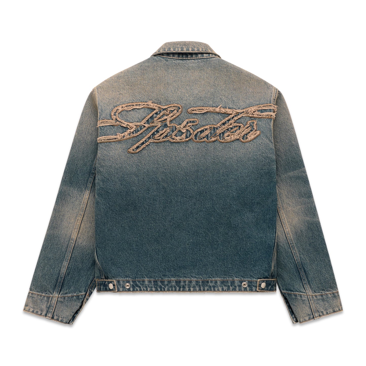 Washed blue denim work jacket with distressed script embroidery on the back.